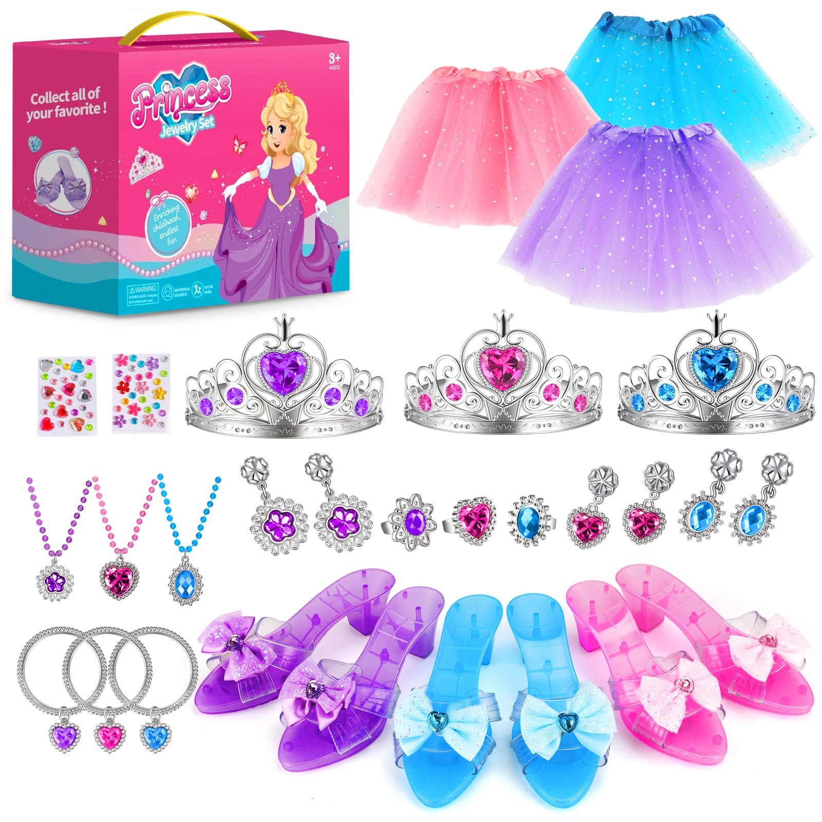 Princesa Zapatos Juguetes para Niñas,Zapatos Princesa Niñas, Princesa Juguetes Niña con 3 Pares de Zapatos, 3 Tutu Niña, Corona, Collar, Regalos Niñas para Navidad Cumpleaños para 3 4 5 6 Años