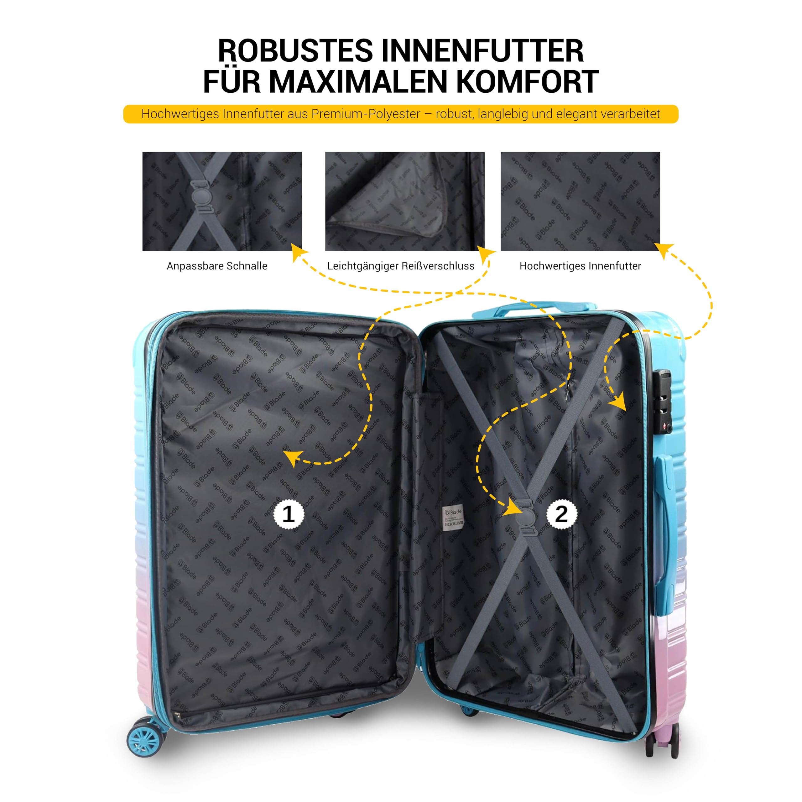 Blade Valise Cabine Rigide Bagage Cabine 55x36x25cm, Valise légère à roulettes Bagage à Main en ABS + PC avec Serrure TSA Valise à 4 roulettes Spinner Bleu/Rose, M/55cm
