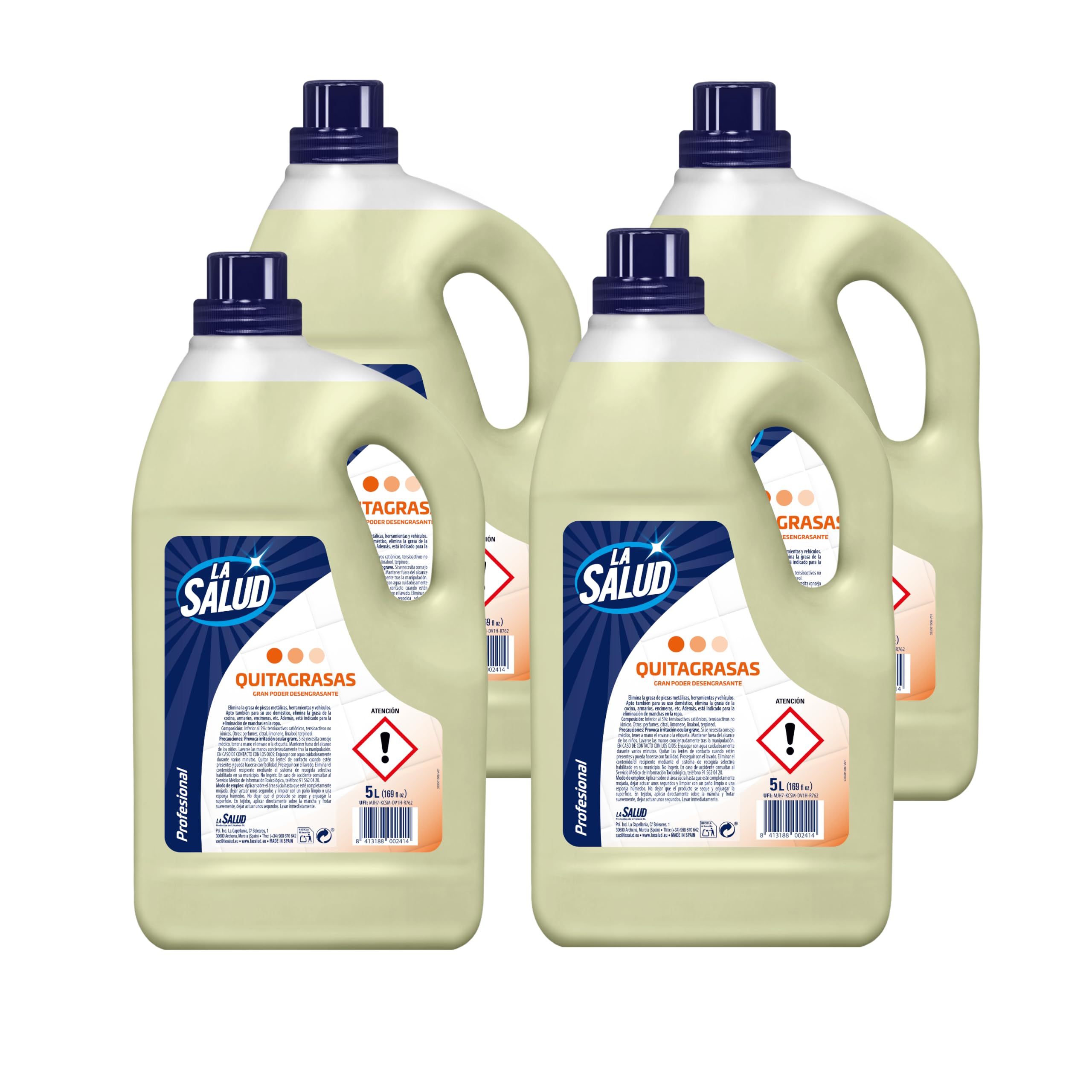 La Salud Quitagrasas 5L Pack de 4 | 20 Litros de Limpiador Desengrasante Profesional | Formato Ahorro para Cocina, Hostelería, Talleres, Garajes y Comunidades