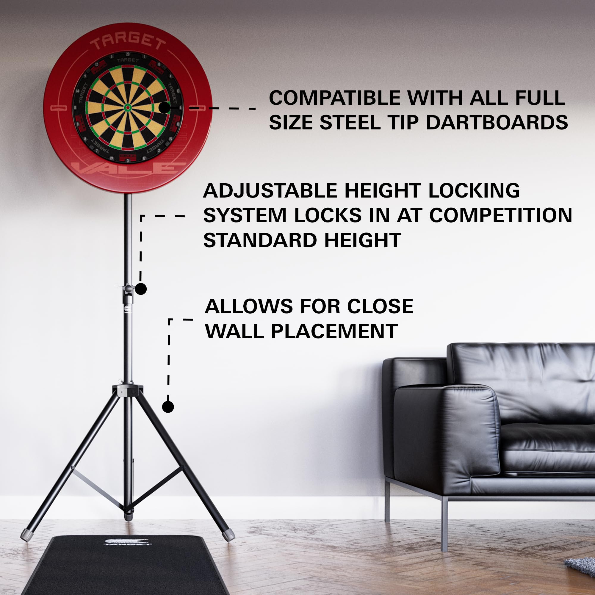 TARGET Darts Supporto portatile per bersagli da freccette | Supporto mobile per bersagli da freccette a treppiede, sistema a libero posizionamento con supporto per bersagli, per interni ed esterni