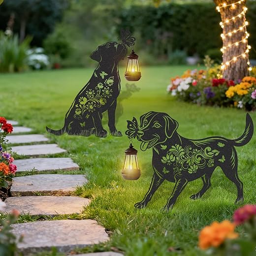 Solar Lights Garden Decor - 2 Pcs Metal Dog Statues Outdoor Decorative Yard Stakes with Lantern Waterproof Patio Lawn Pathway Ornaments Christmas Decorations Gifts for Women Animal Lover