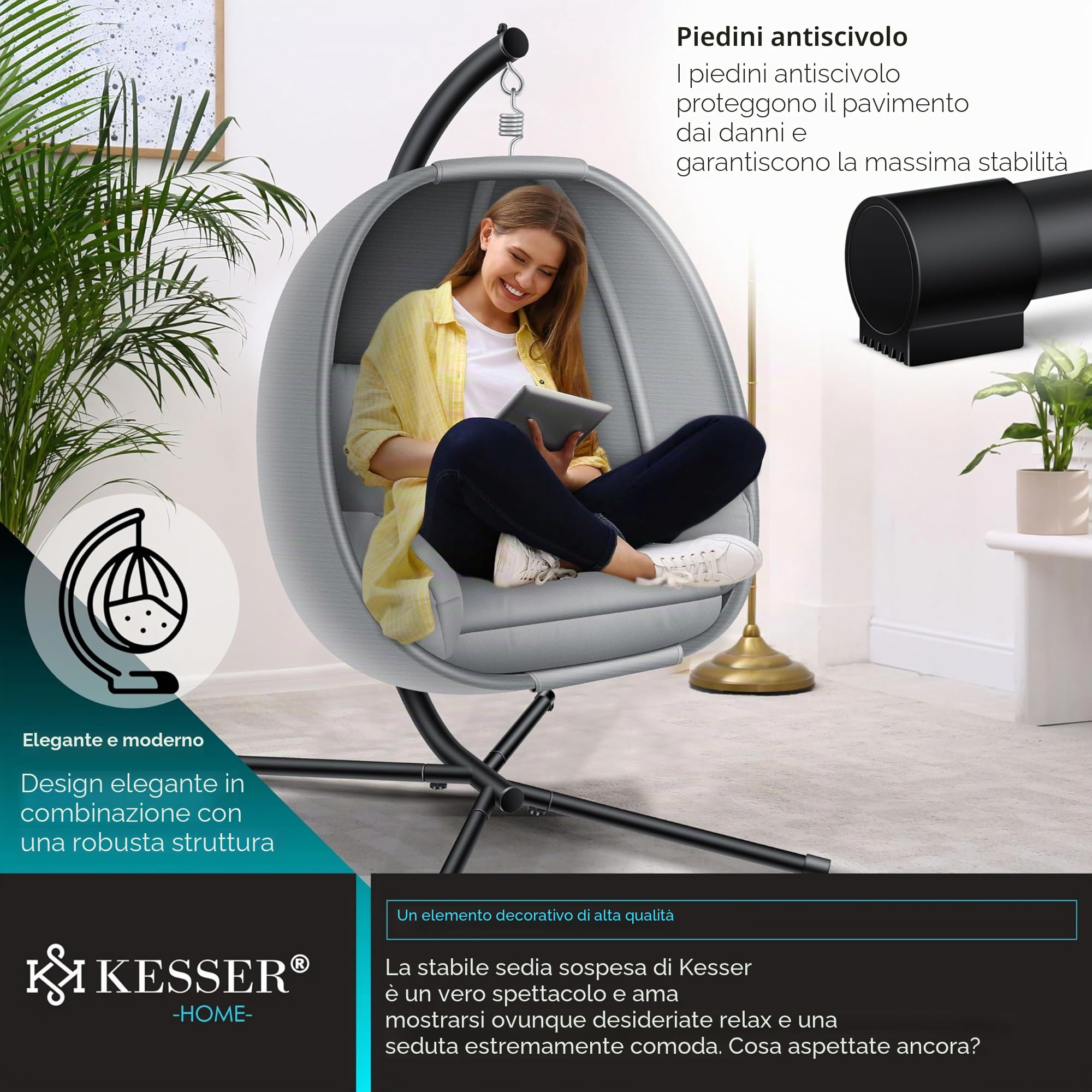 KESSER® Poltrona sospesa Luxe con telaio + morbido cuscino da seduta, imbottitura laterale, seduta e schienale imbottiti, cesto sospeso, per interni ed esterni, cesto a dondolo da giardino, grigio