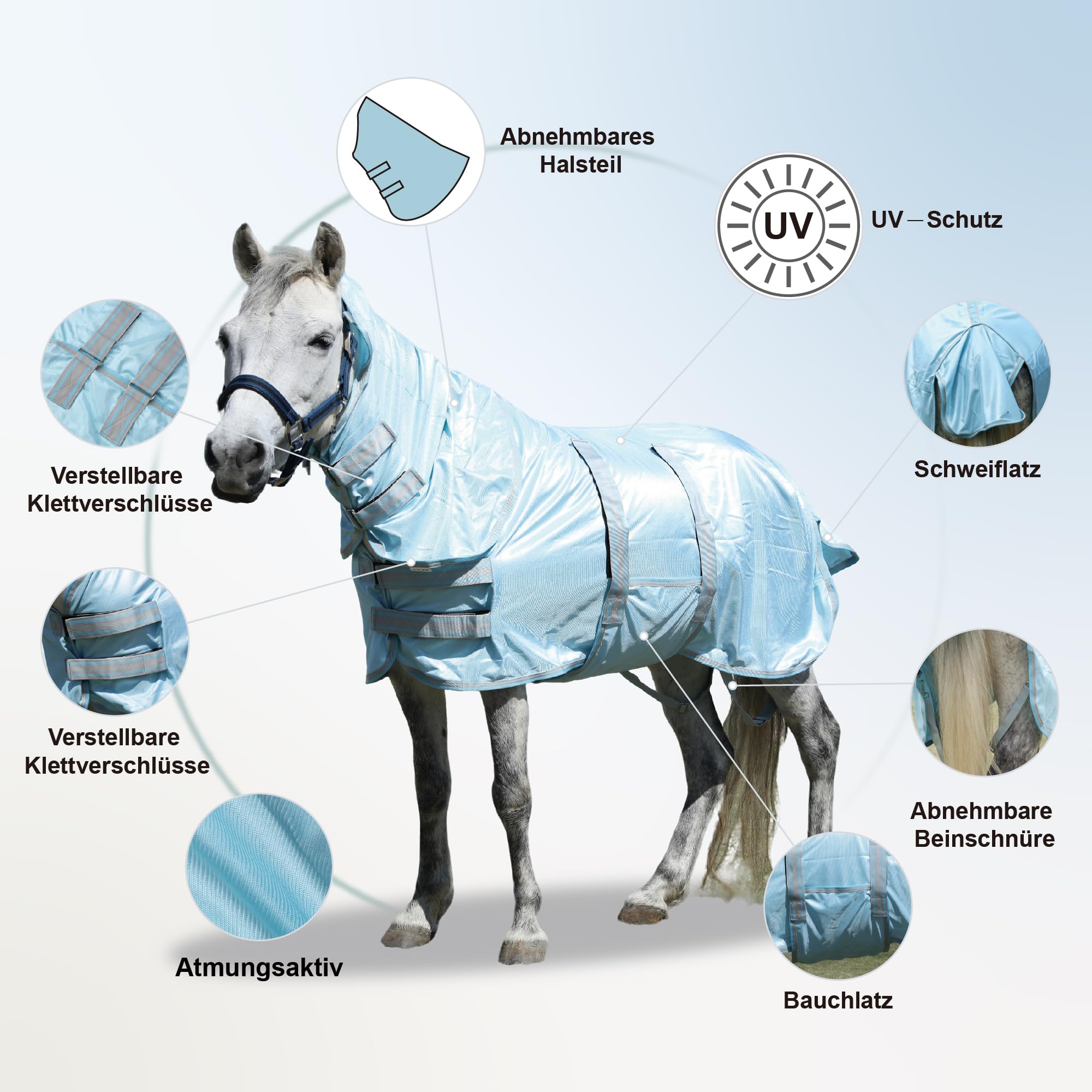Manta para moscas Pony con cuello desmontable, transpirable y ligera, cómoda, manta de verano para mini caballos Shetty y miniatura, correas ajustables para pecho y vientre azul, 105 cm