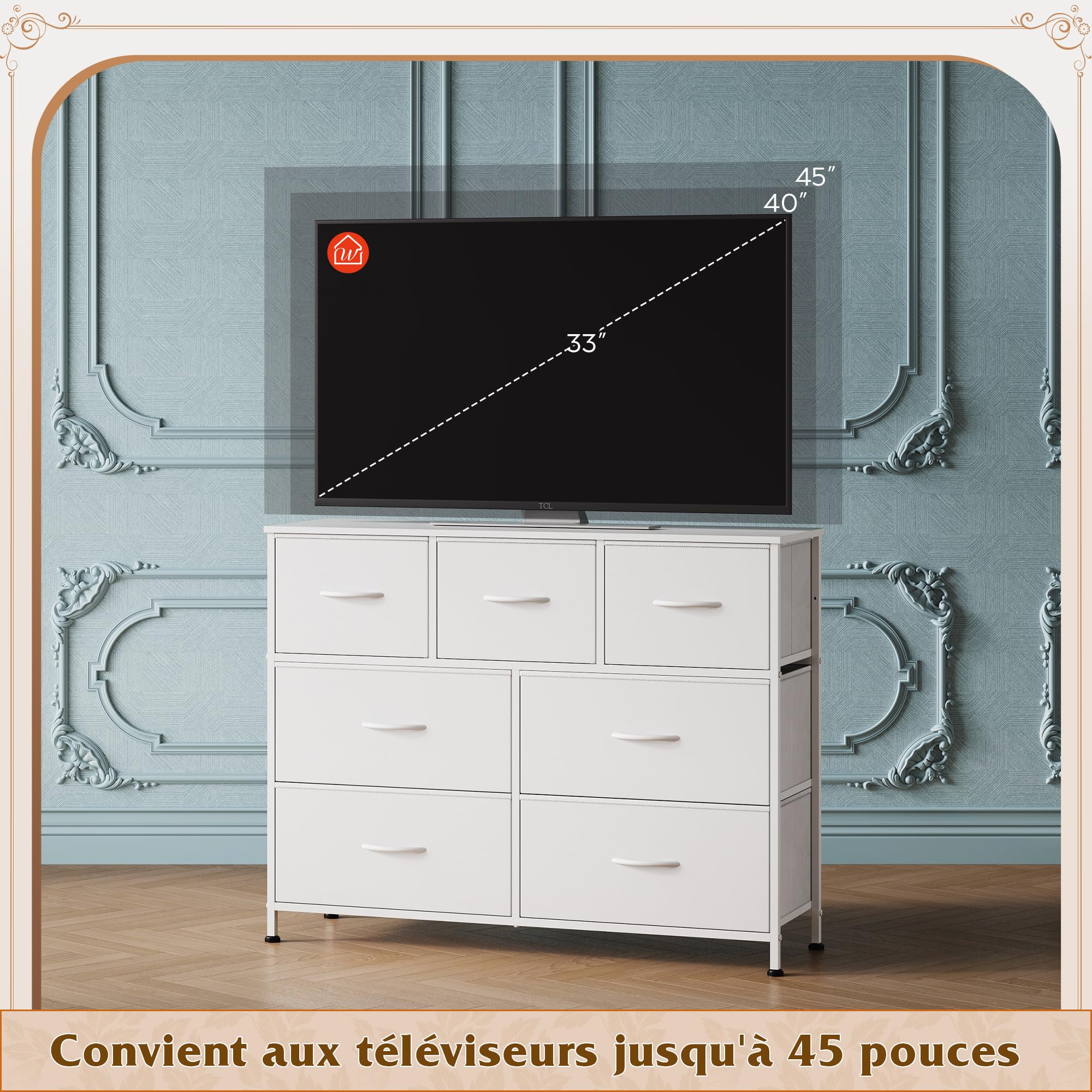 WLIVE Commode, Commode Chambre Adulte, Commode en Tissu avec 7 Tiroirs, Meuble de Rangement pour Chambre à Coucher, Salon, Couloir, Cadre en Acier, Plateau en Bois avec Poignées, Blanc