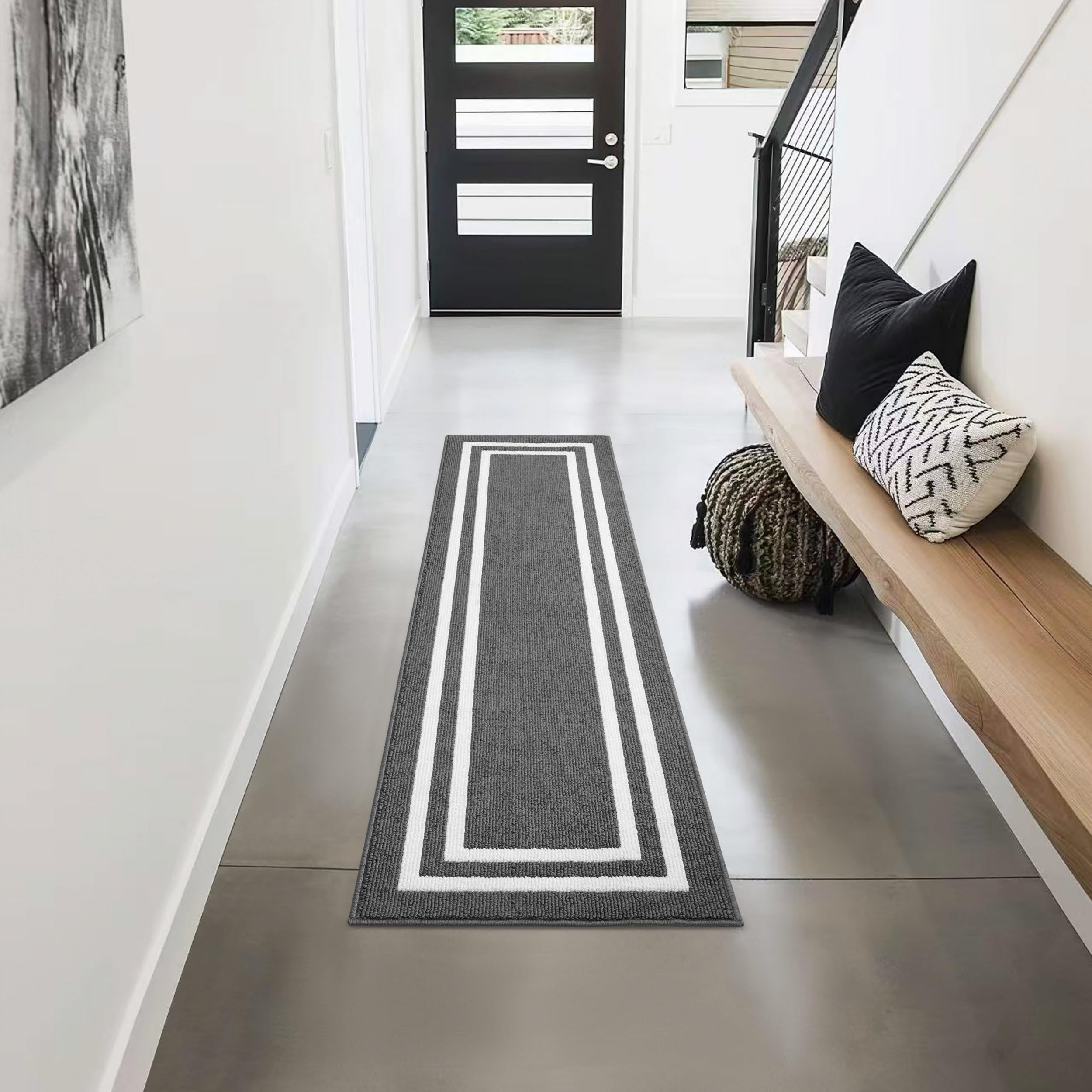 Creative Home Ideas – Tufted Runner - Double Line Border Rug - Modern Home Décor - Washable Rug - Accent Carpet for Entryway & Hallway - Measures 26"