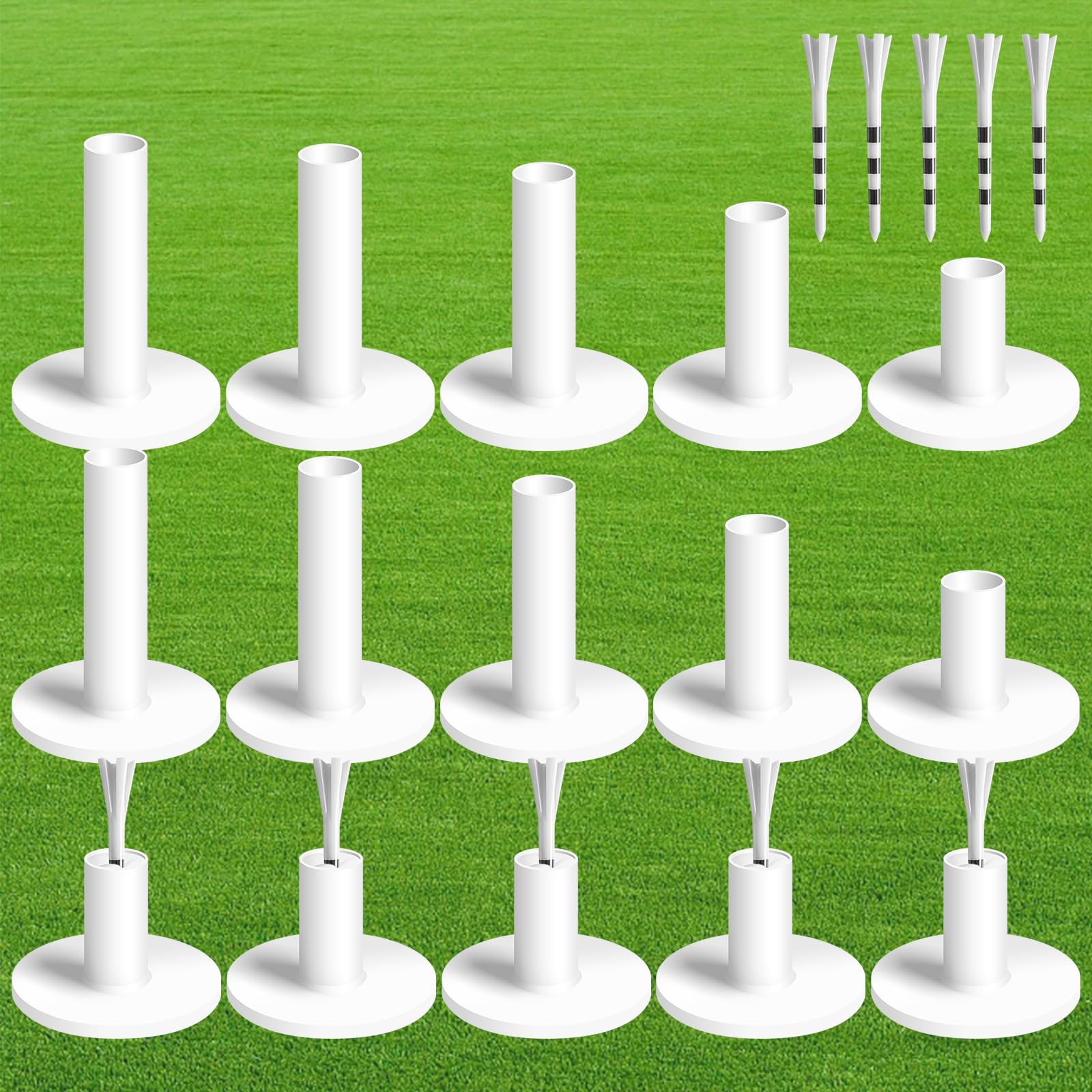 FINGER TEN Golf Rubber Tees Driving Range 3 Inch 1.5'' 2.25'' 2.75'' 3.13'' Tee Holder for Mat 1.5'' with Plastic Tees Indoor Outdoor Use (White-25 Pcs)