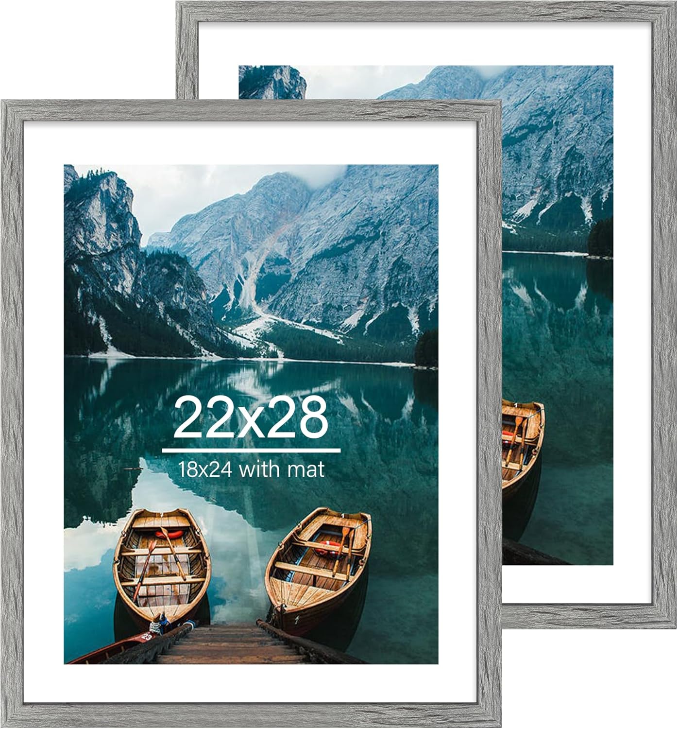 22x28 Frame Set of 2, Rustic Grey Wood Style - Display 18x24 Picture Frame with Mat or 22 x 28 Poster Frame without Mat, Wall Mounting Horizontal and Vertical Grey 22x28 in