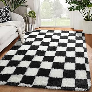 KICMOR Area Rugs for Bedroom Living Room, 4x6 Black and White Fluffy Soft Checkered Rug Fuzzy Shag Shaggy Carpet, Indoor Plush Floor Rugs for Kids Boys Girls Teen Dorm Nursery Home Decor Aesthetic