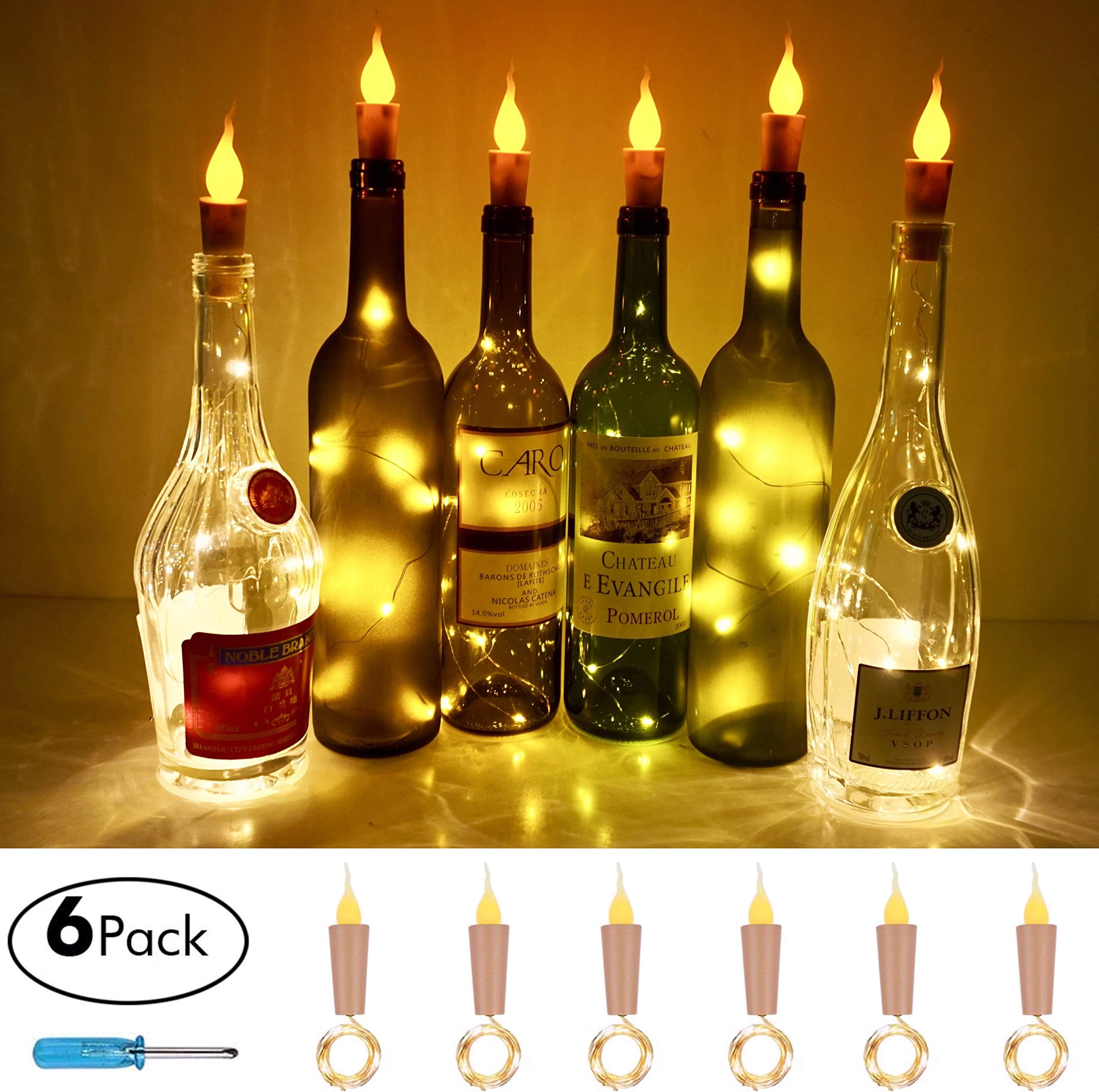 Candle Style Wine Bottle Cork String Lights,Battery Operated LED Cork Shape Silver Copper Wire Colorful Fairy Mini String Lights for DIY Party Wedding,Outdoor Indoor Decoration,6 Pack (Warm White)