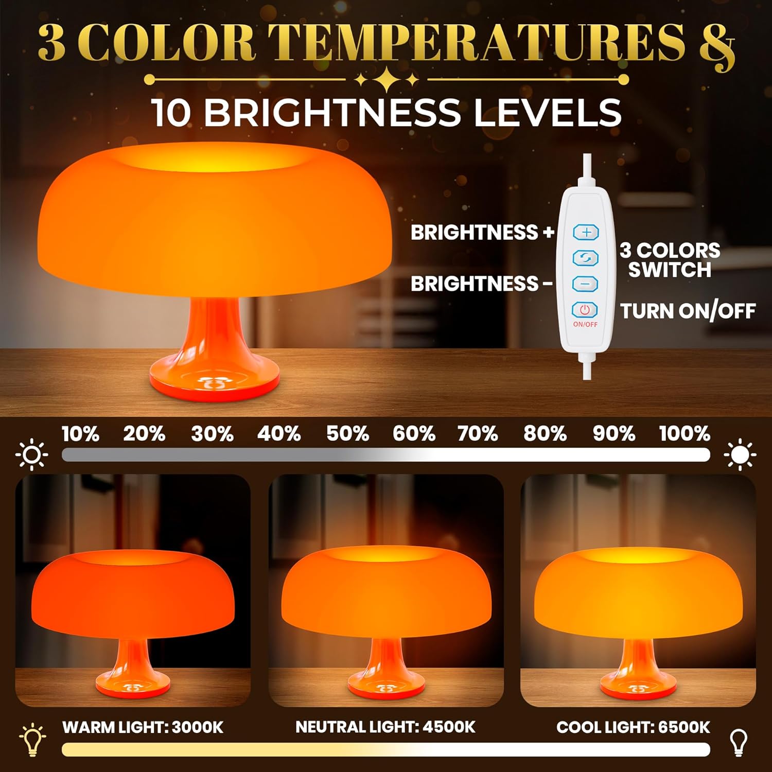 Orange Mushroom Lamp for Bedroom – Dimmable Vintage Mushroom Lamps Power 5W with 3 Lighting Colors & 10 Brightness – USB Powered Nightstand Retro Lamp for Reading Room, Office, Dorm | ABS + PVC Build