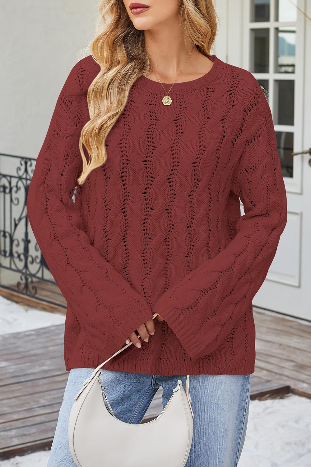 Zyyfly Womens Oversized Cable Knit Sweater Chunky Fall Long Sleeve Crewneck Loose Pullover Sweaters - Image 4