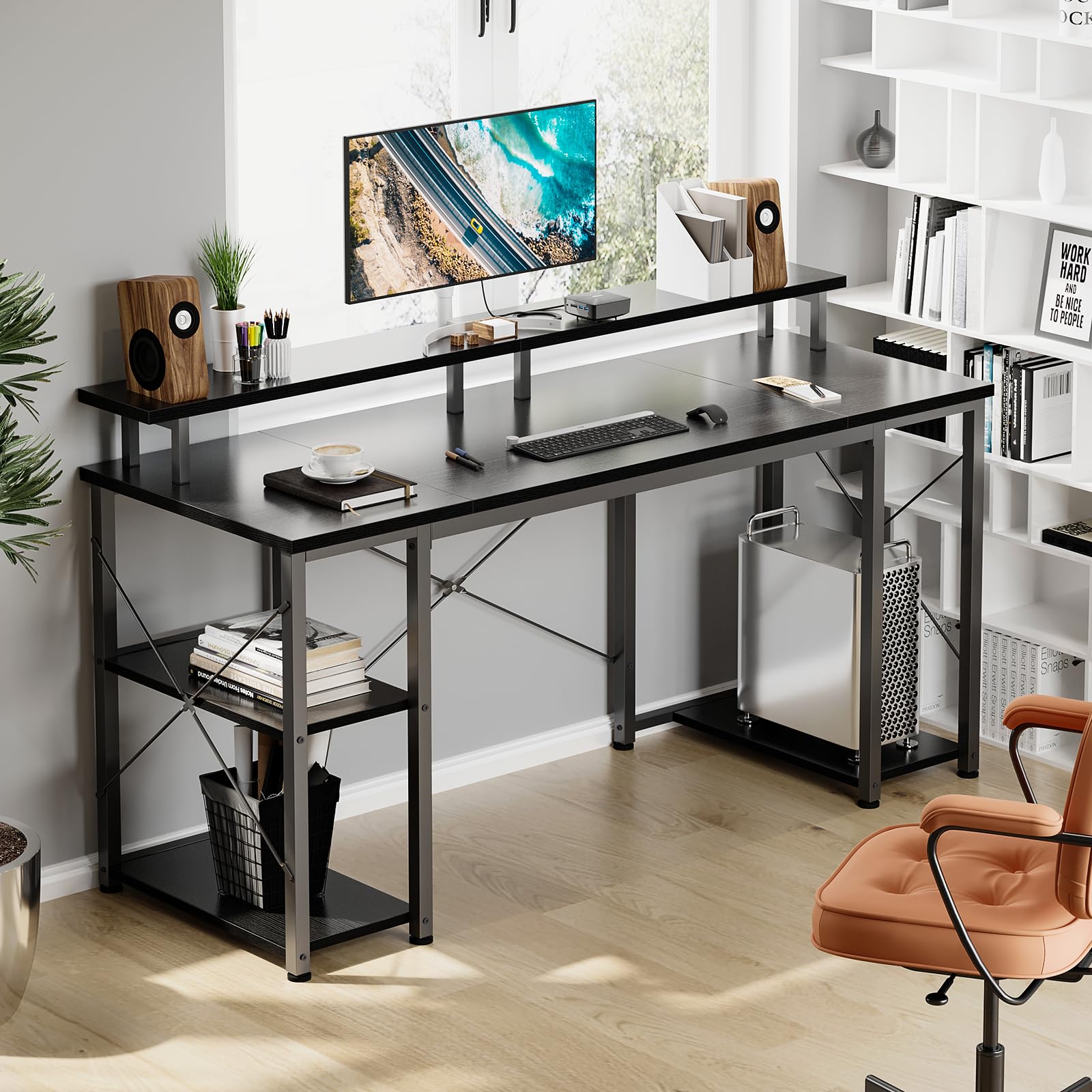 ODK Scrivania con Ripiano Reversibile, Scrivania Gaming con Supporto per Monitor e Ripiano di Stoccaggio, Scrivania Ufficio Tavolo per Computer per Ufficio, Camera da Letto (Nero, 120x50x86.5cm)