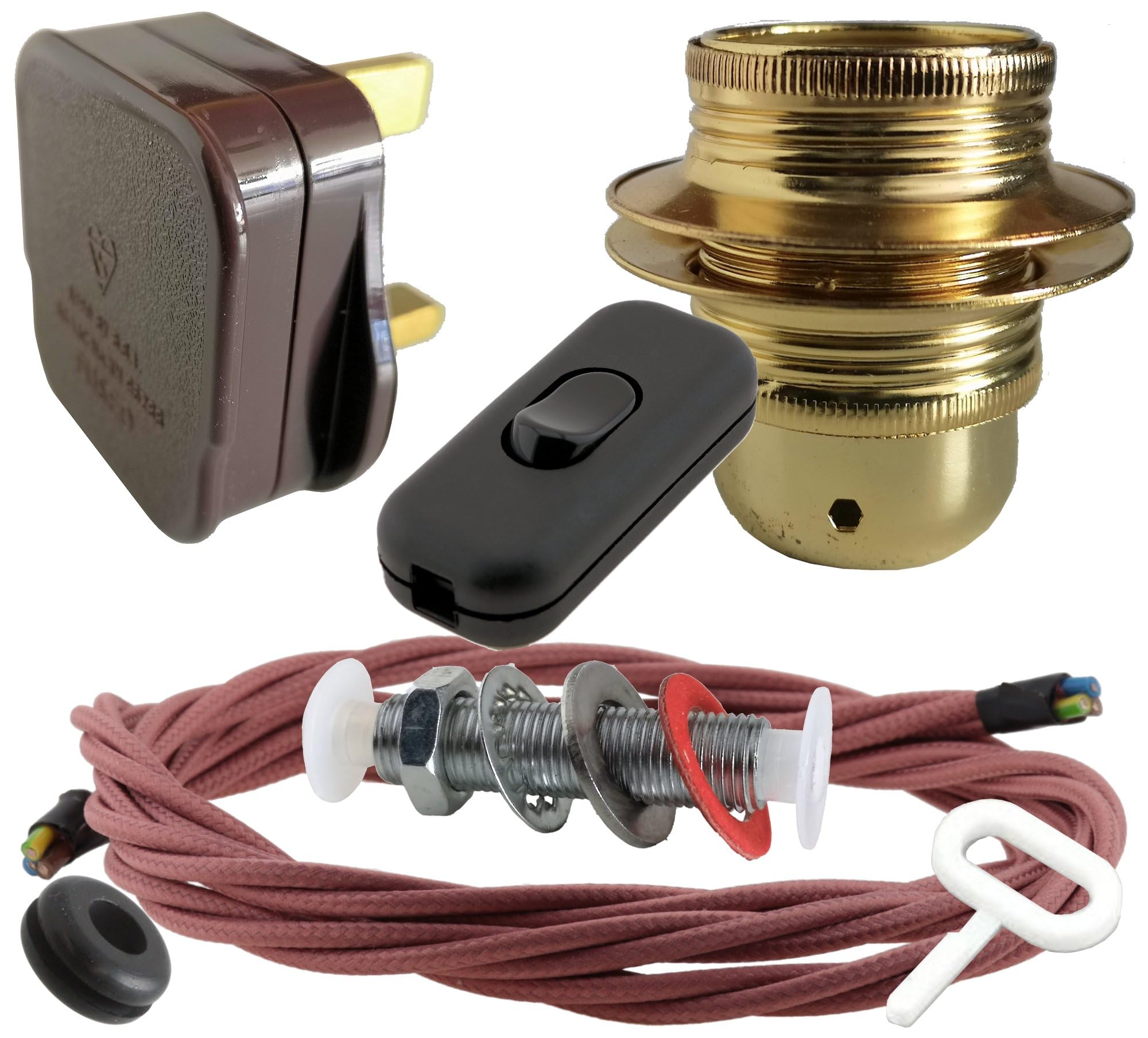 Art Deco Emporium Lamp Repair and Service Kit|Brown Plug|Duskey Pink Flex|Black Switch|E27 Brass Finish Lamp Holder Holder