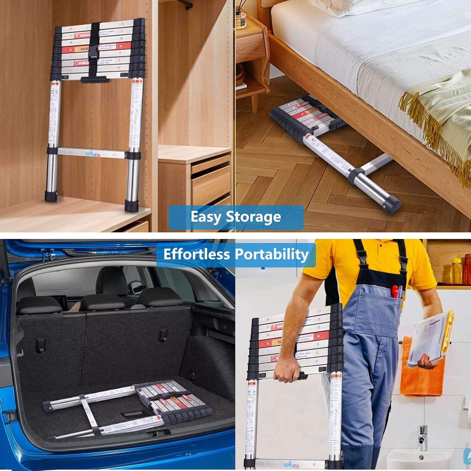 MEANFUN Telescoping Ladder, 8.5 FT One-Button Retraction Stainless Steel Extension Ladder, Safe Slow Down Mechanism Portable Ladder with ANSI Certified for Home Apartment Office Shed, 330 LB Capacity - - 