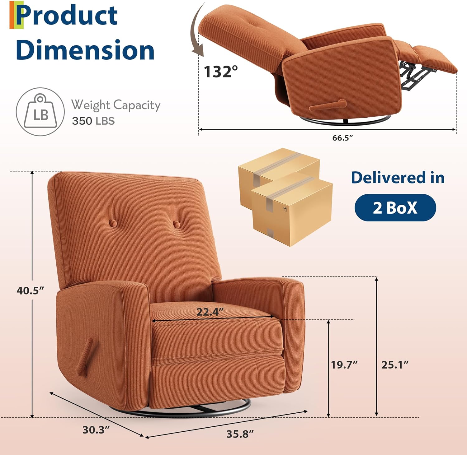 GarveeHome Recliner Chairs, Swivel Rocker Recliner, Glider Recliner Nursery Chair for Adults, 360° Swivel Glider Rocking Chair for Living Room, Bedroom, Office, RV, Small Spaces, Corduroy, Orange