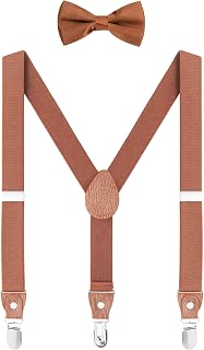 Juego de pajarita unisex para niños pequeños, forma de Y, 3 clips, ancho de 2,5 cm, tirantes elásticos y pajarita para 3-8 años de edad, color marrón, Marrón sólido - con pajarita, für Kinder