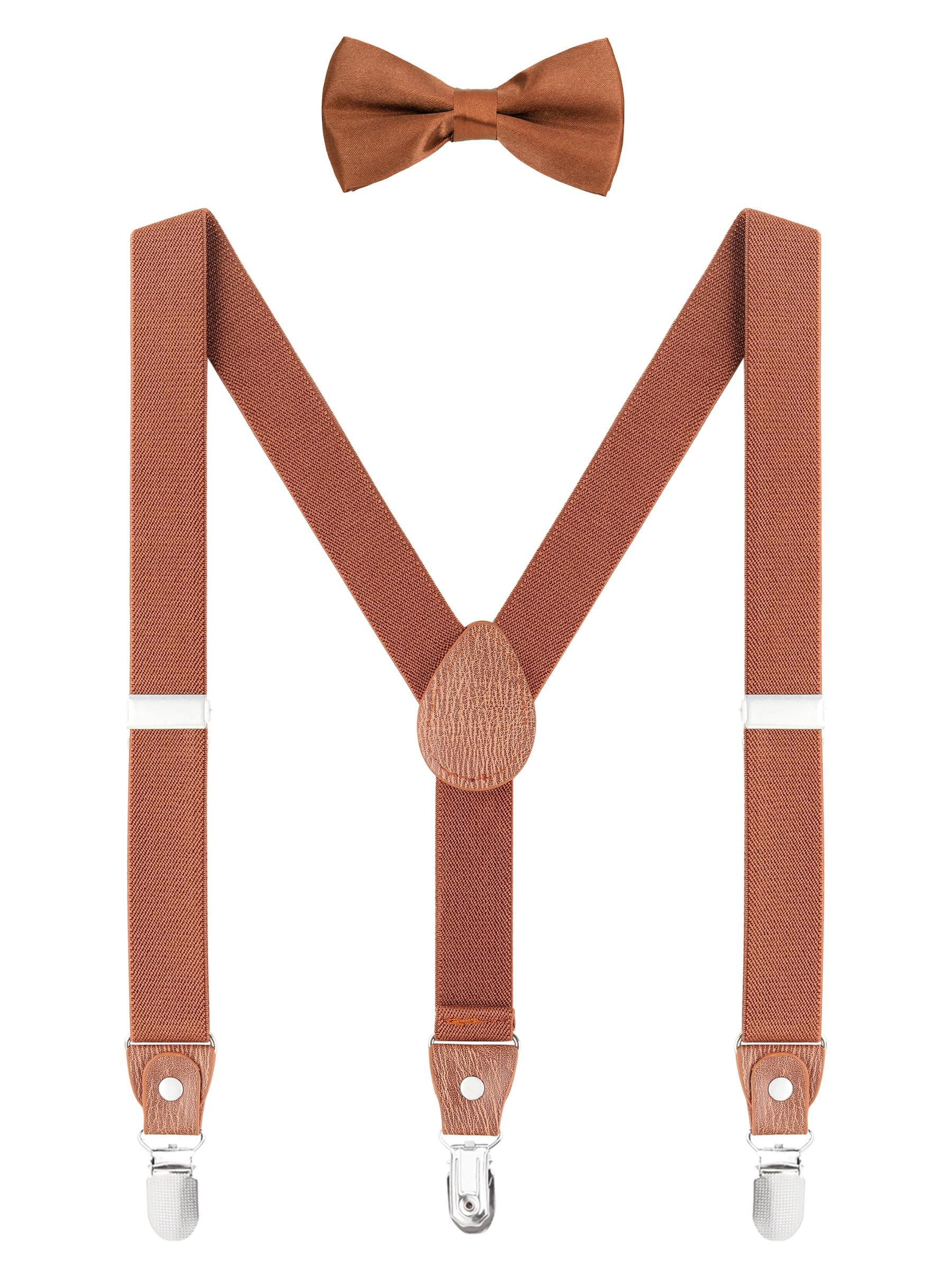 Juego de pajarita unisex para niños pequeños, forma de Y, 3 clips, ancho 2,5 cm, tirantes elásticos, marrón sólido