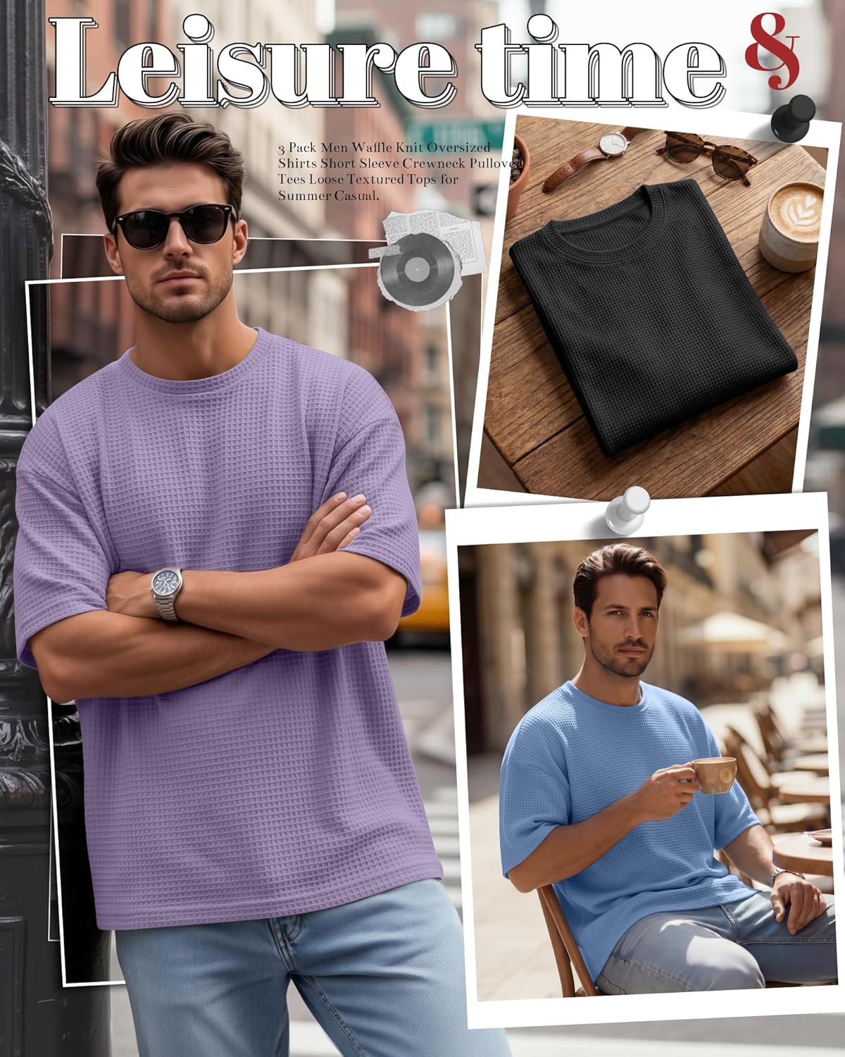 3 Pack Men Waffle T Shirts Oversized Half Sleeve Crewneck Pullover Tees Short Sleeve Loose Fit Workout Casual Tops