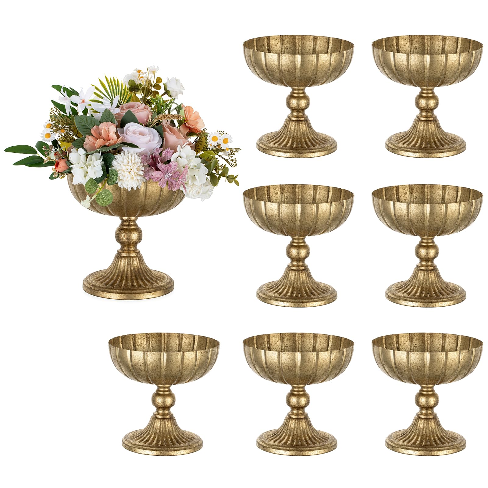 NUPTIO Flower Vase Gold Distressed: 20.7cm Tall Metal Ribbed Vases, 10 Pcs