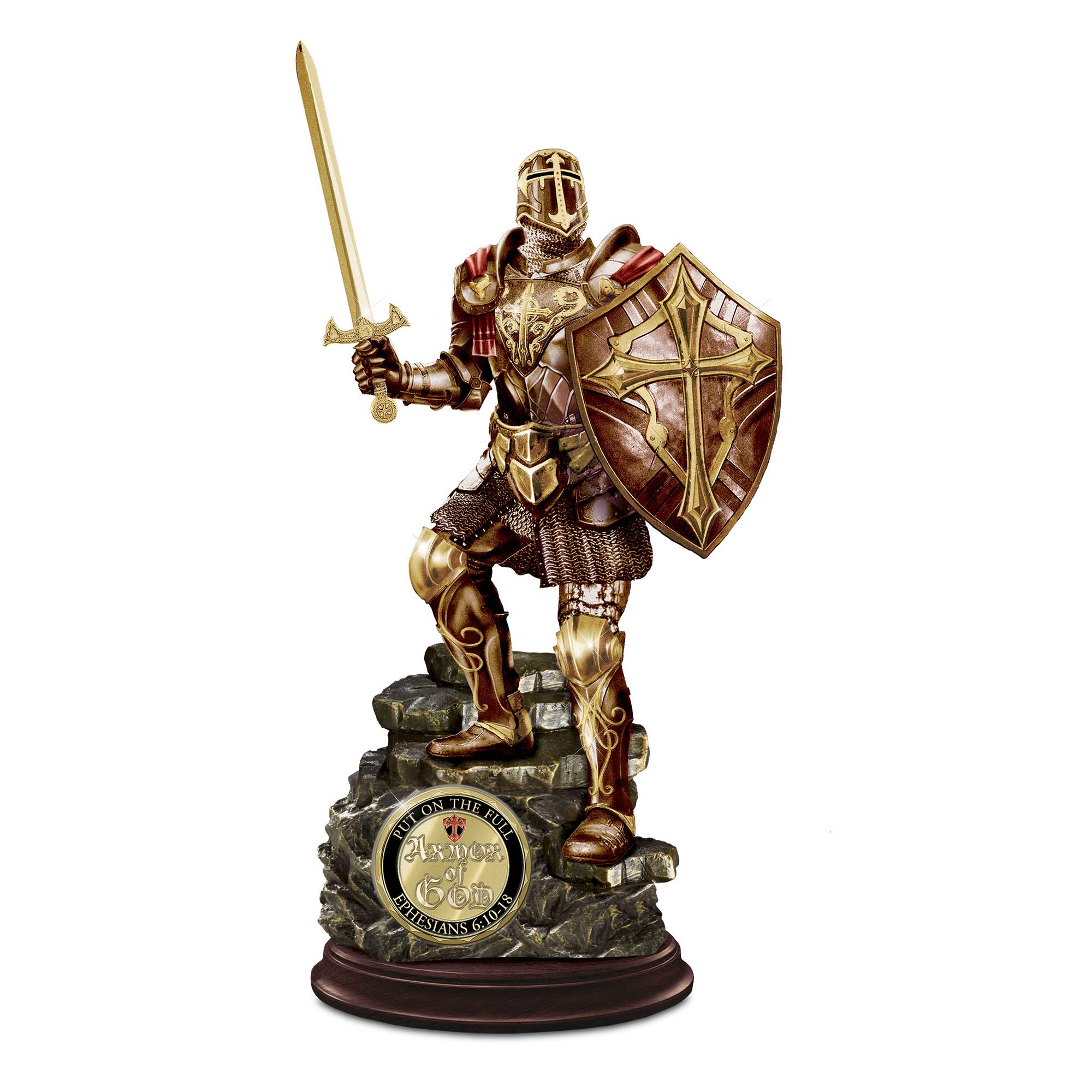 Armour Of God' Cold-Cast Bronze Sculpture –Handcrafted Cold-Cast Bronze Sculpture Of A Knight In Full Armour Of God. 2-Sided 24-Carat Gold-Plated Challenge Coin Is Removable