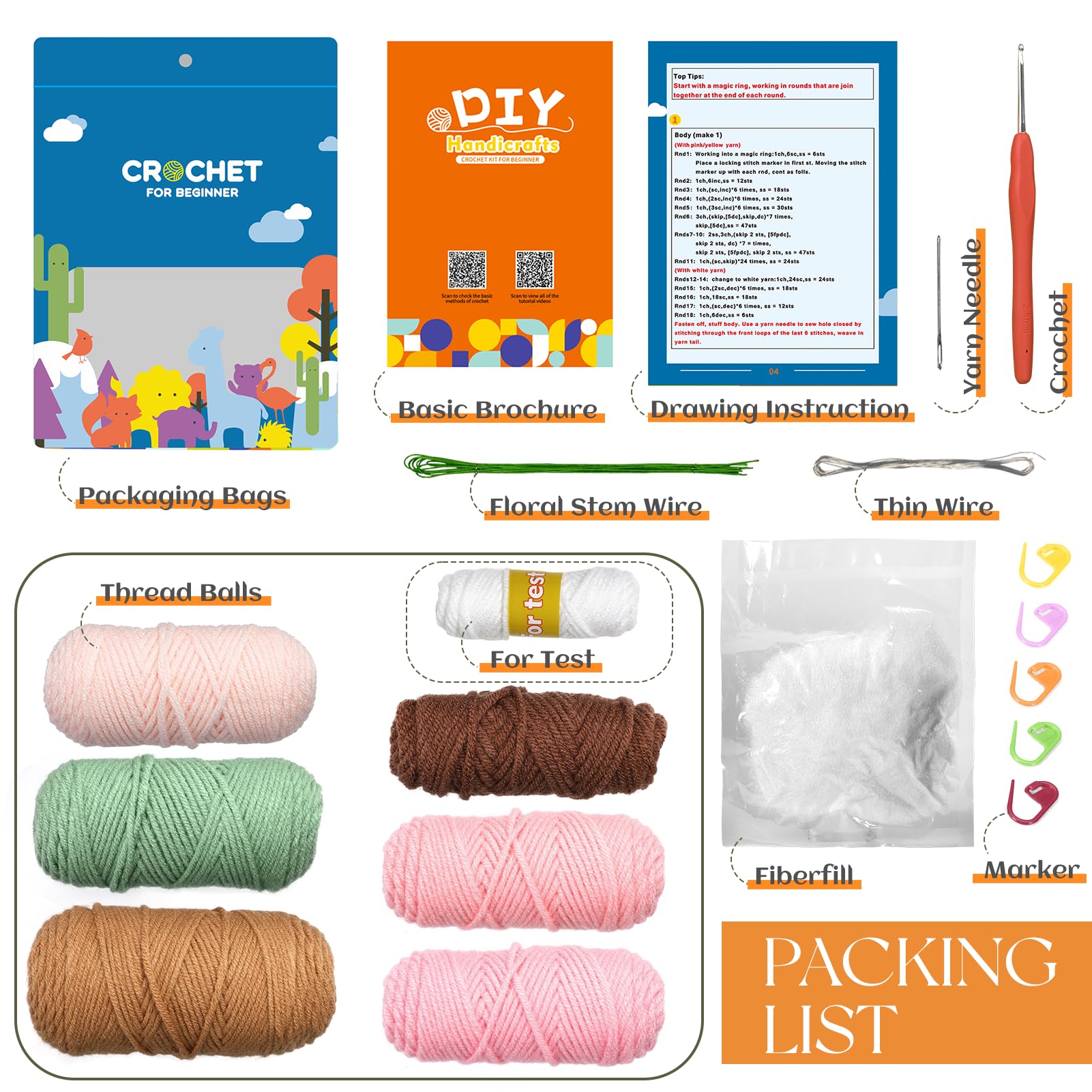 CestMall Kit per Uncinetto per Principianti, 6 Pezzi Kit per Lavorazione Maglia Fiore per Avviamento all'Uncinetto per Piante Vaso con Pennarello Punto Filato Artigianato Fai-da-Te con Tutorial Video