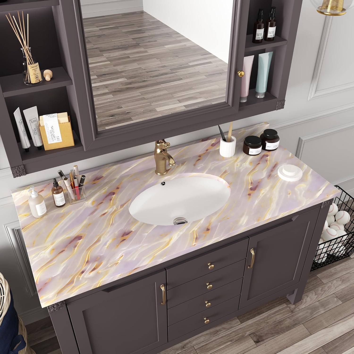 345"x31" Wide Glossy Marble Contact Paper Pink Purple Granite Modern Peel and Stick Wallpaper Marble Sticker Countertop Waterproof Self Adhesive Wall Paper for Bedroom Decorative Contact Paper