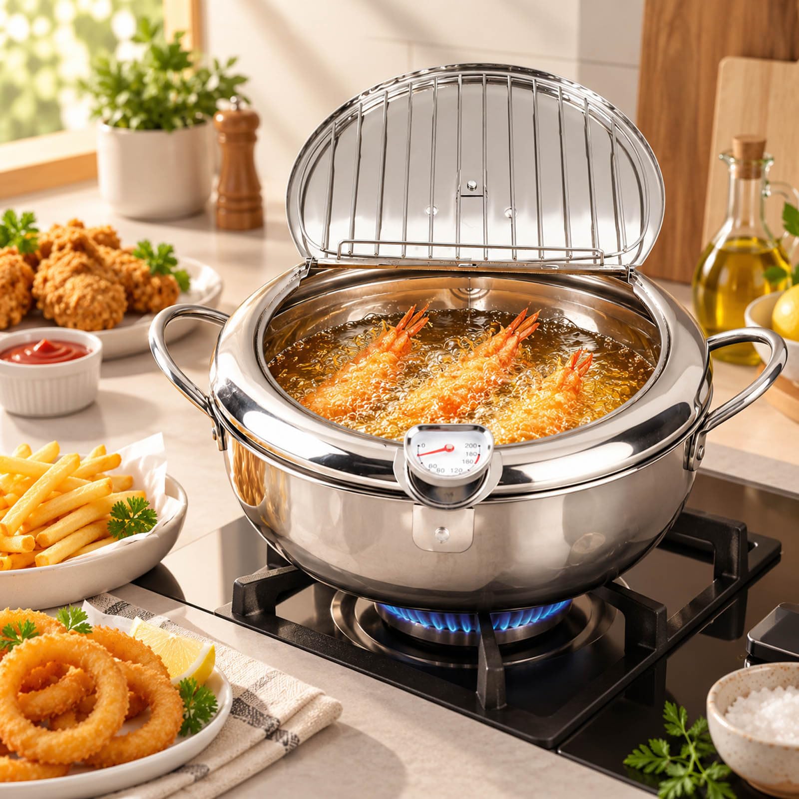 Japanische Tempura Fritteuse Topf Mit Thermometer und Deckel，Silber-S