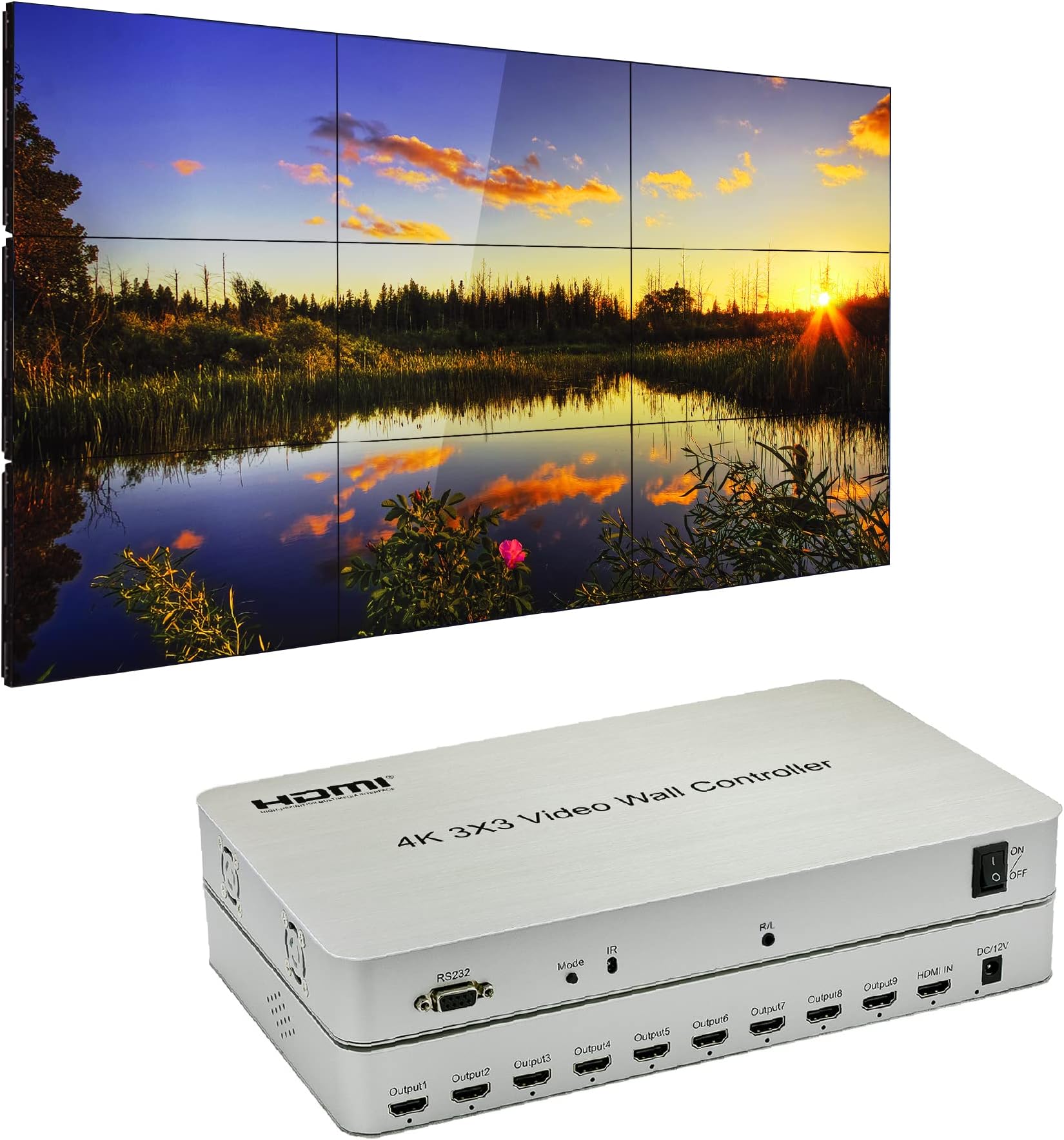 3x3 Video Wall Controller | 9 Channels | 4K, 1080p, HDMI 1.4, HDCP1.4 | 1 HDMI Input & 9 Outputs | 13 Display Modes - 1x2, 1x3, 1x4, 2x1, 2x2, 2x3, 2x4, 3x1, 3x2, 3x3, 4x1, 4x2