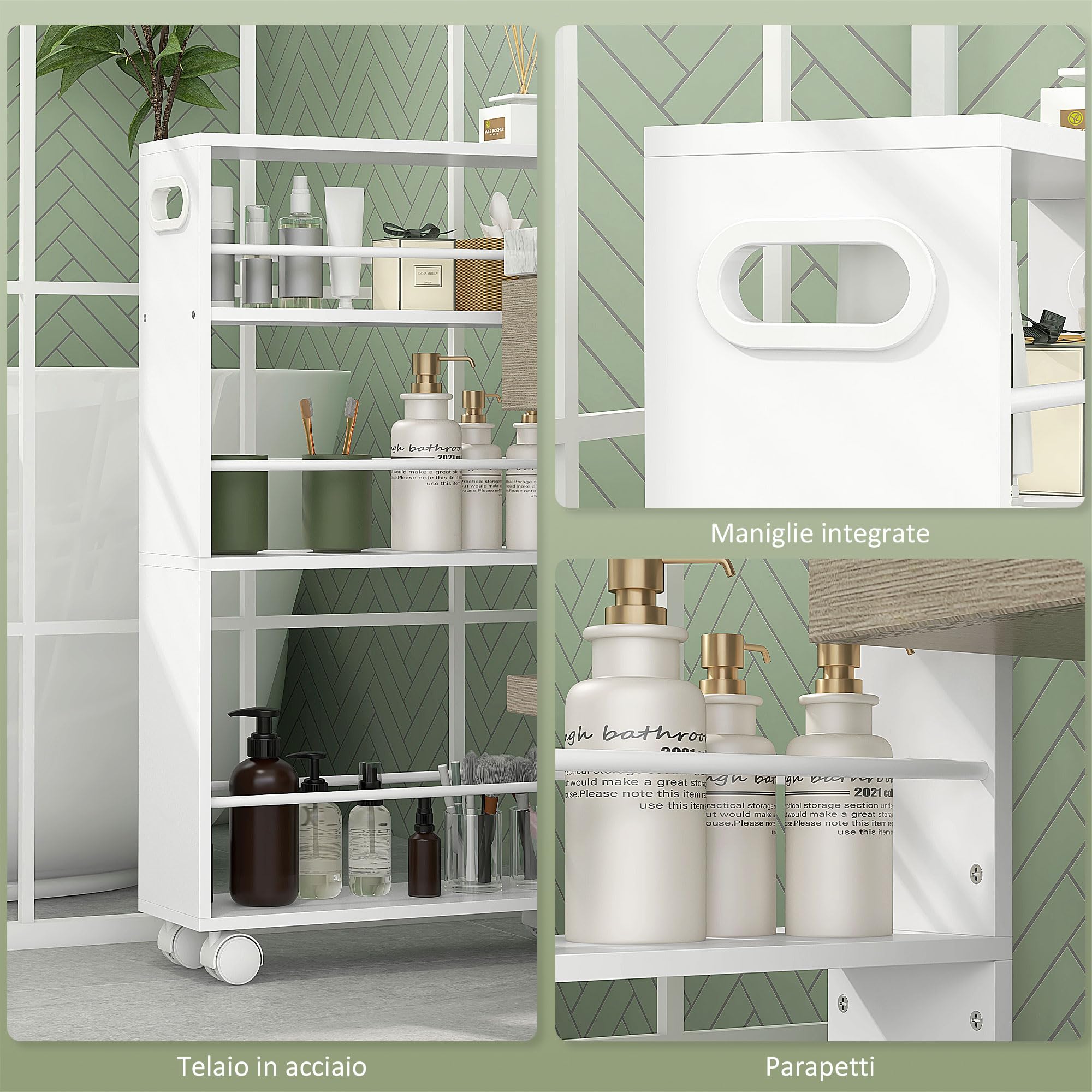 HOMCOM Carrello da Cucina Salvaspazio 3 Livelli, Barre Laterali, Bianco | Carrello Portaoggetti da Cucina o Bagno Compatto, 4 Ruote e 2 Freni, Scaffale Stretto in Legno e Acciaio