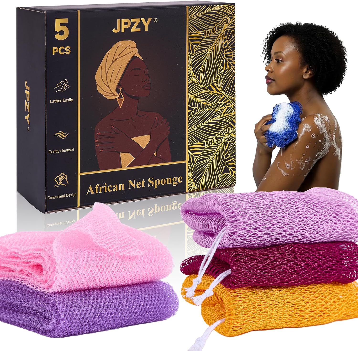 African Net Sponge 5-Piece exfoliating Scrub is Suitable for All Skin Types,Bath Sponge for The face and Body, Durable and Gently Exfoliation