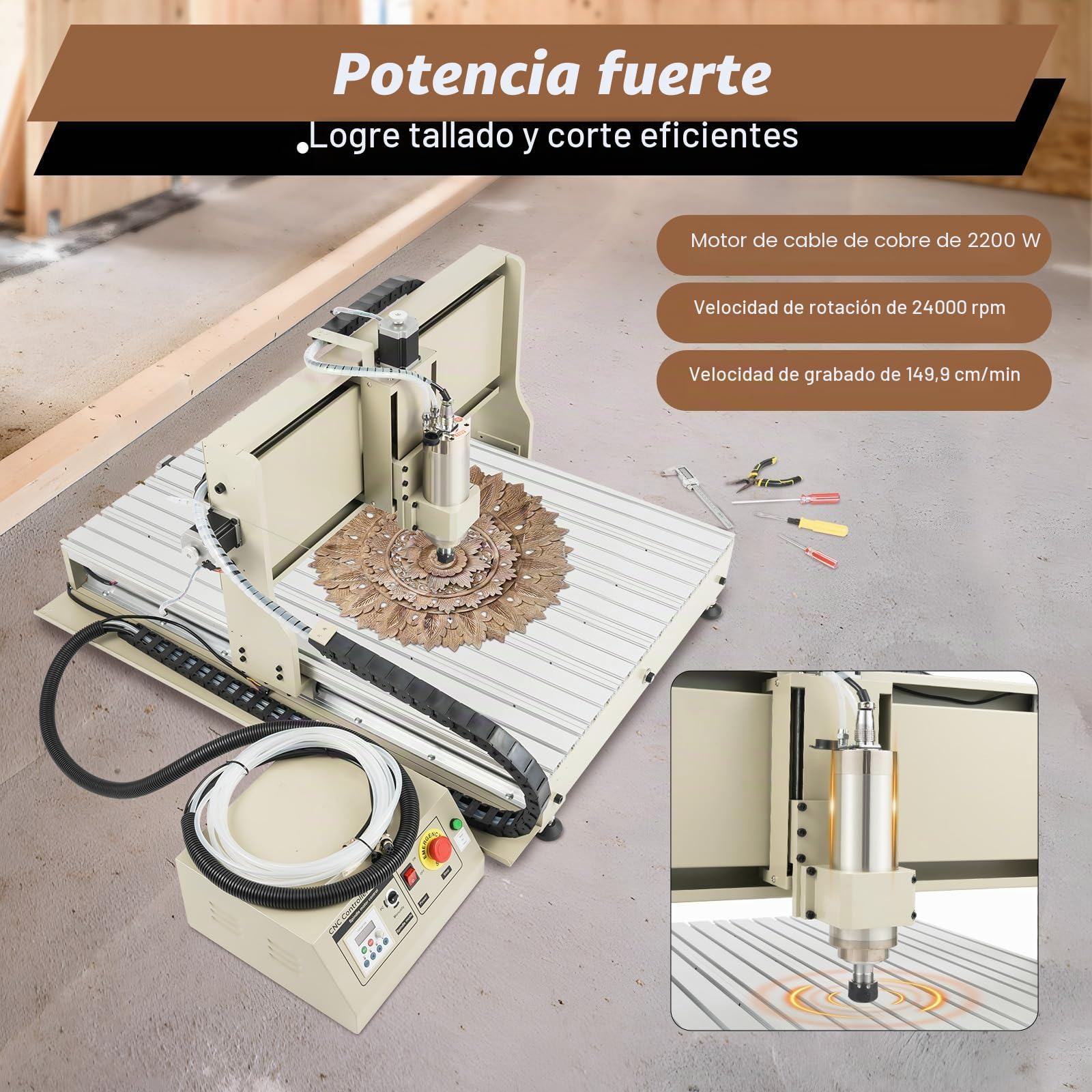 Máquina de grabado de 2200 W, máquina CNC, herramienta de grabado para metal/vidrio/madera, enlace de cuatro ejes, modo de control, ordenador, 24000 rpm, área de trabajo de 104,5 x 72 cm, grosor