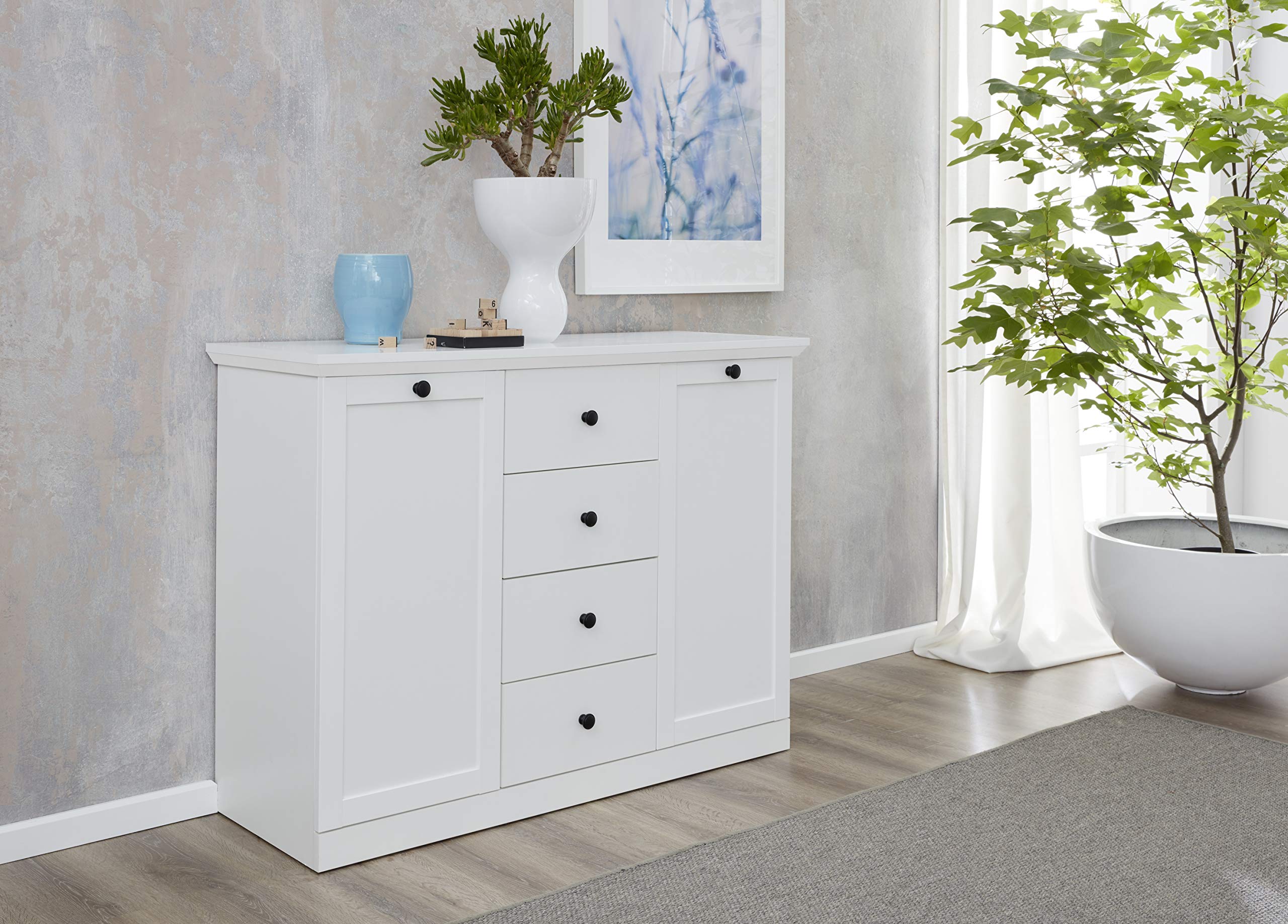trendteam smart living - Baxter - Sideboard - Weiß Matt - Kommode - Schrank - (BxHxT) 119 x 88 x 41 cm - Landhausstil - Schwarze Metallgriffe - Vollauszug Schubladen - Sockel