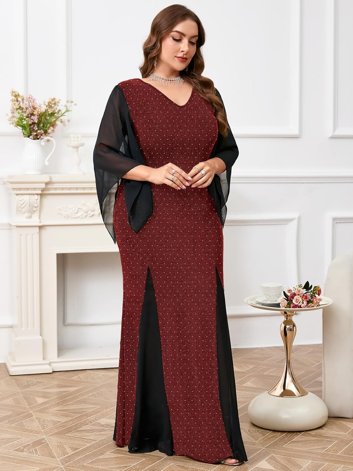 CYCLAMEN Plus Size Sparkly Formal Dress V Neck Handkerchief Sleeve Bodycon Mermaid Maxi Evening Gown Cocktail Party Prom - Image 4