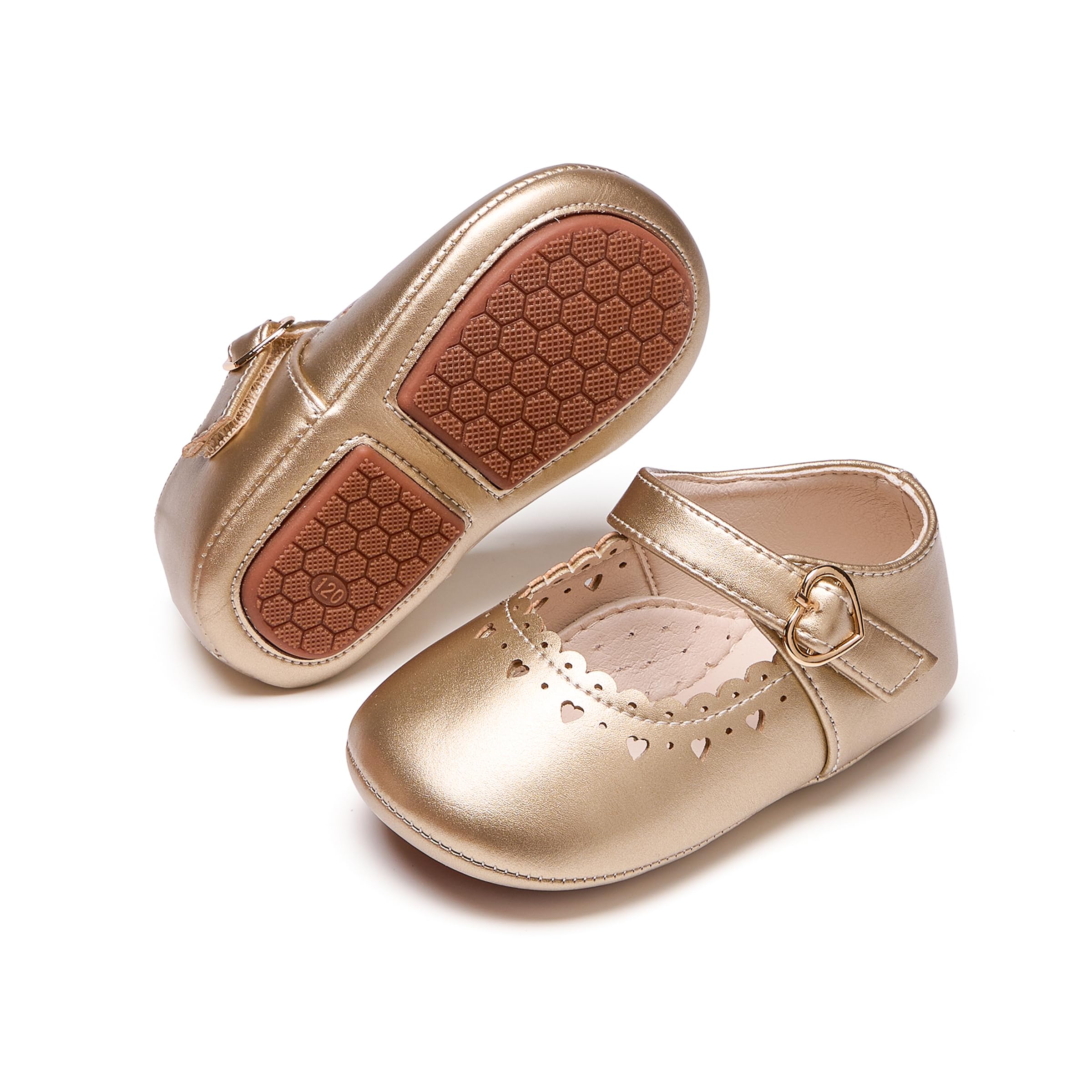 PHIRAMIN Baby Girls Gold Mary Jane Flats - Infant 9-12 Months Walking Shoes Soft Rubber Sole Princess Wedding