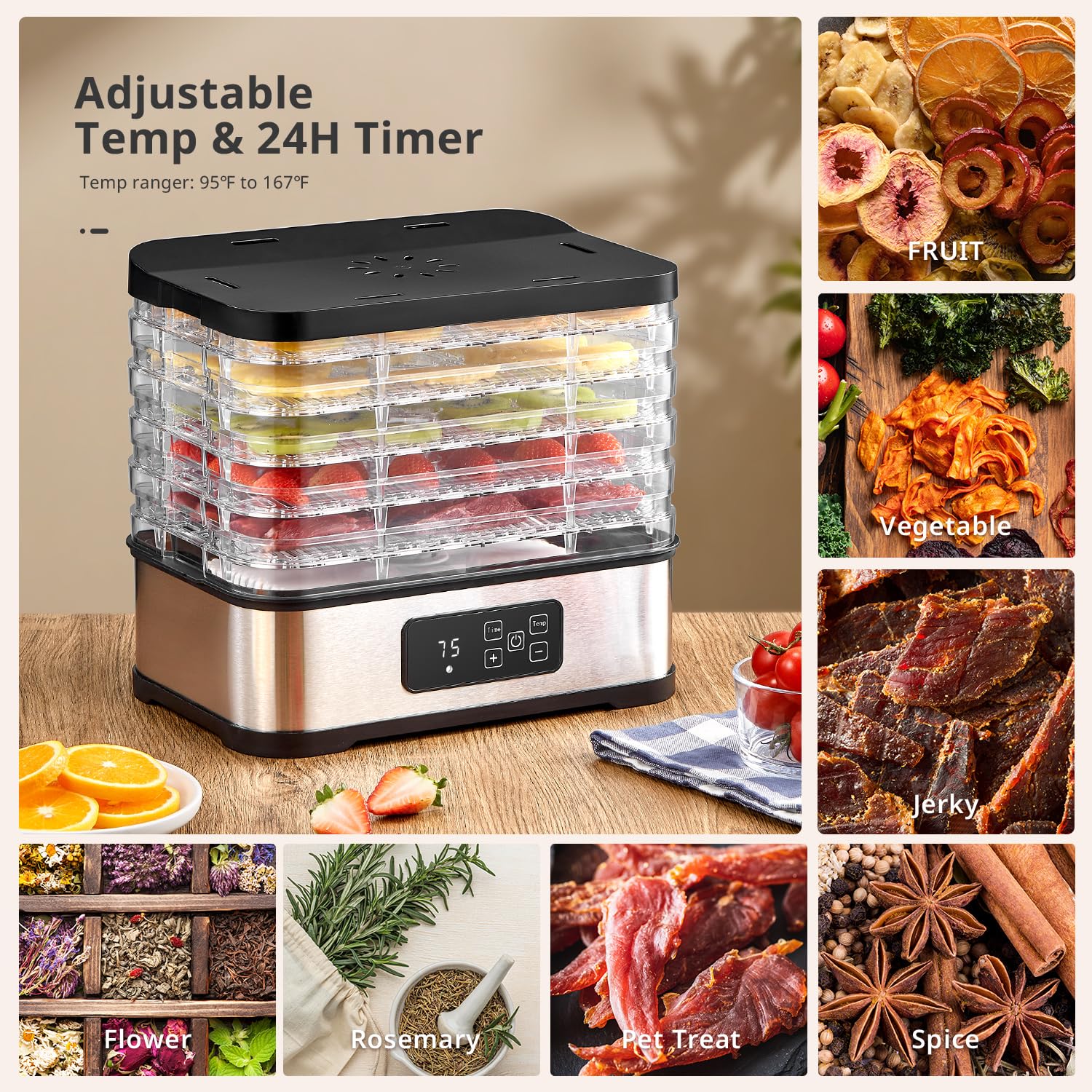 Déshydrateur Alimentaire 250W avec Minuterie & Contrôle de Température, 5 Plateaux, Sans BPA, Appareil de Séchage Électrique pour Fruits, Légumes, Viande, Herbes & Friandises pour