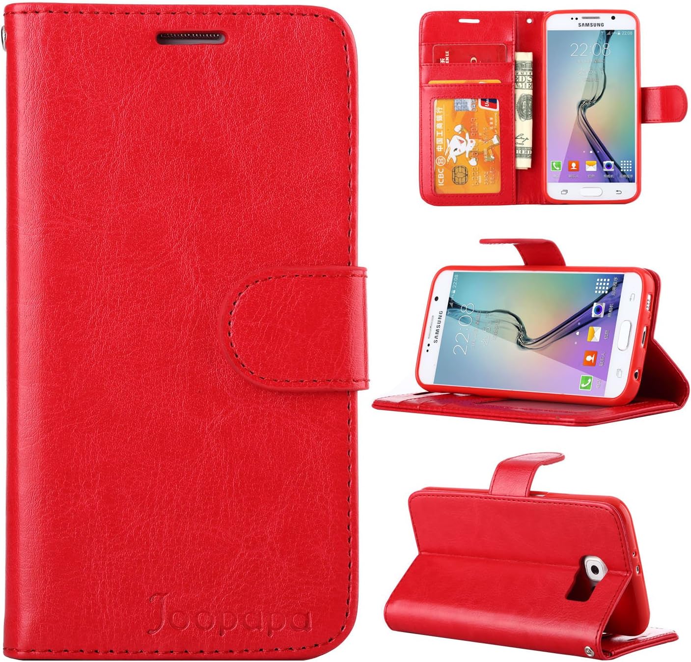 Joopapa S6 Case, Galaxy S6 Case, Samsung Galaxy S6 Luxury Fashion Pu Leather Magnet Wallet Flip Case Cover with Built-in Credit Card/ID Card Slots for Samsung Galaxy S6 / Galaxy SVI (Red)