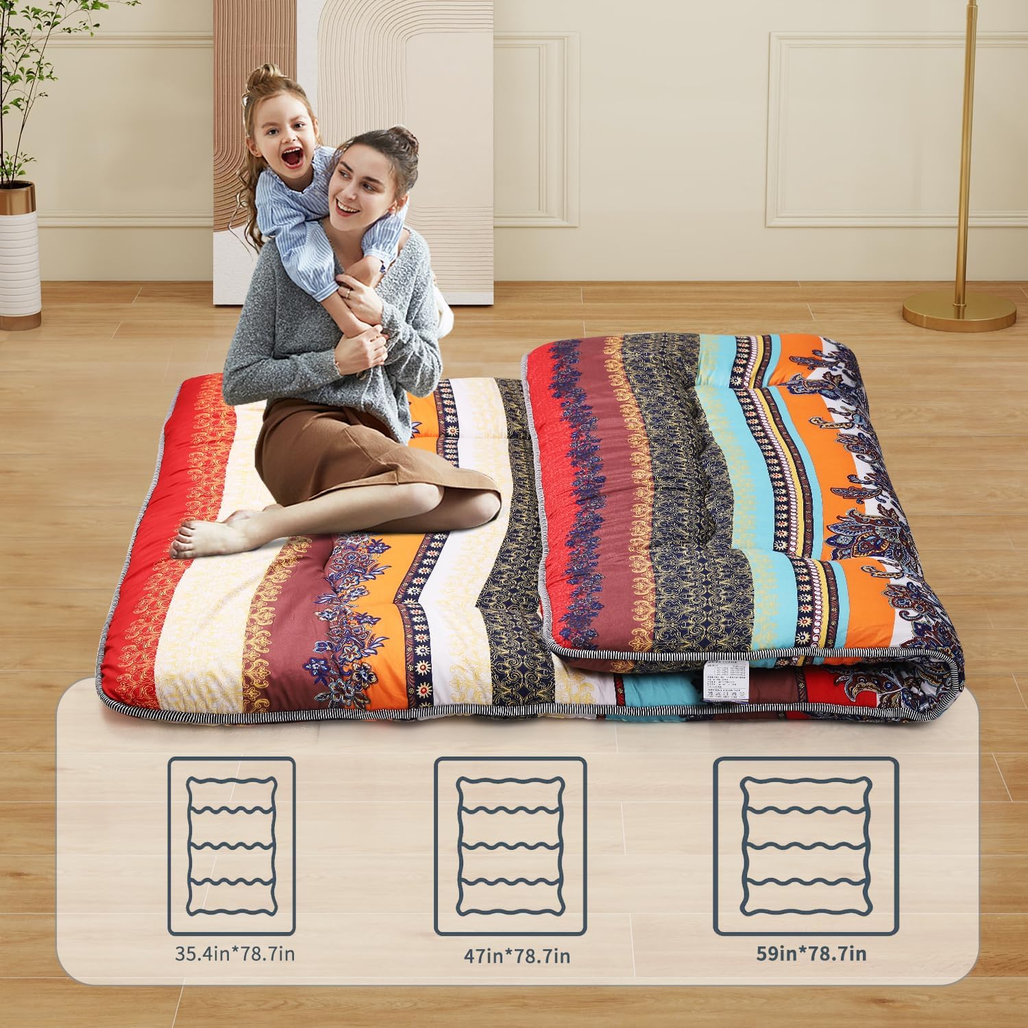 Japanese Floor Mattress,Roll Up Memory Foam Tatami Mat Easy to Store and Portable,Futon Mattress Suitable for Camping and Guest Room (Bohemia, Full (80" X 47"))