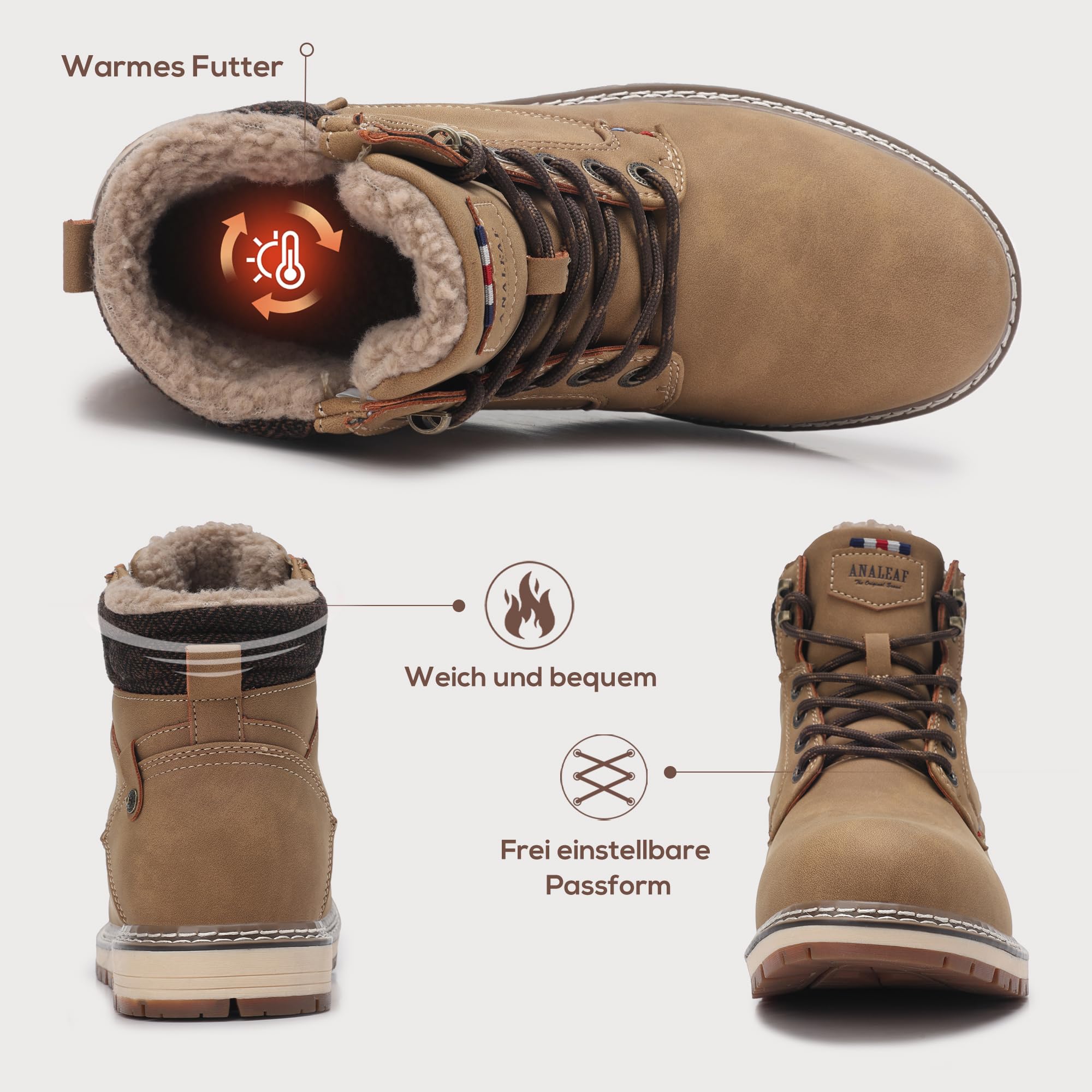ANALEAF Herren Winterschuhe Warm Winterstiefel Draussen Schneestiefel | Rutschfeste Profilsohle, warmes Isolierfutter , ideal bei Eis, Schnee und im Winter-Outdoor-Einsatz