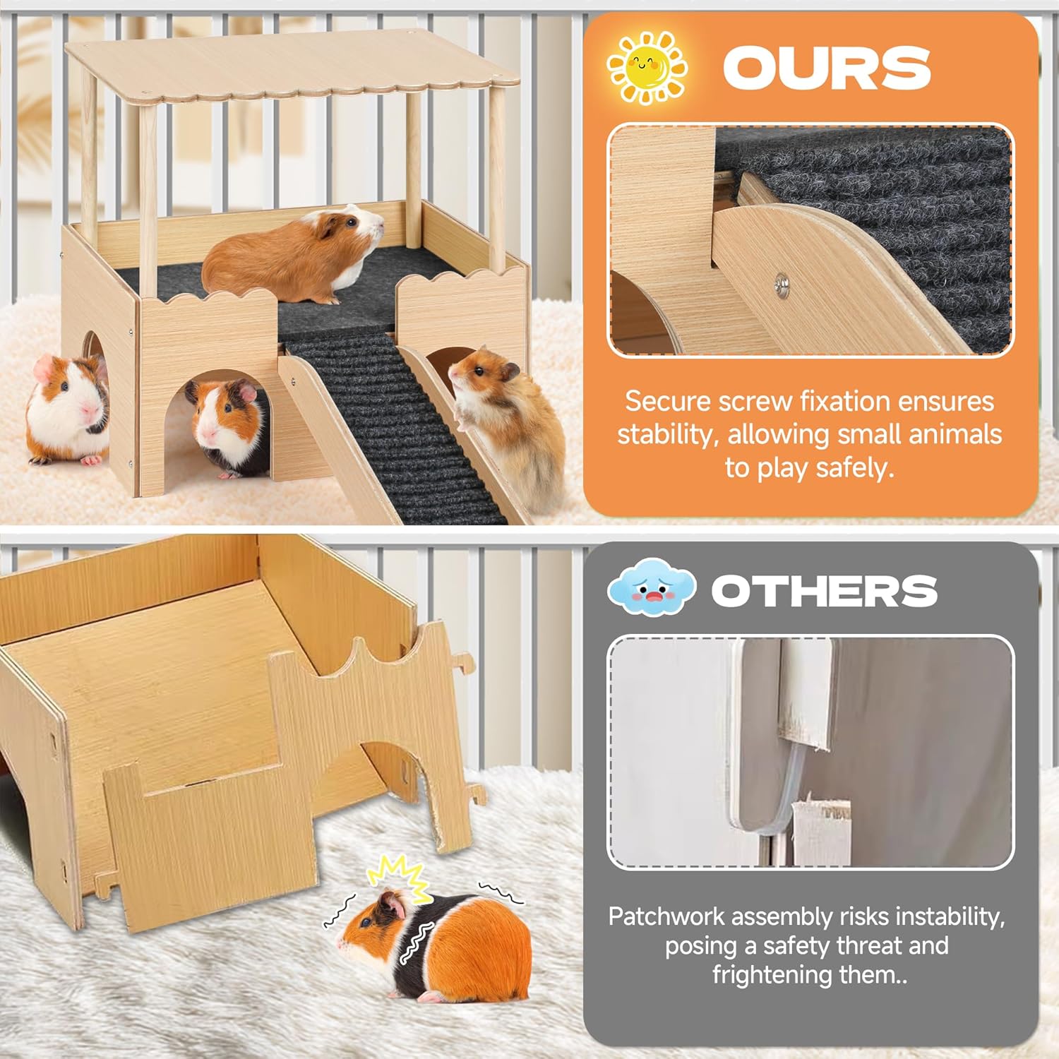 Wooden Guinea Pig Hideout Castle with Stairs,Small Animal Bed Hut Habitats Spacious 2-Level Detachable Small Pet House for Rabbits, Hamsters & Chinchillas Bunny (Updated Grey)