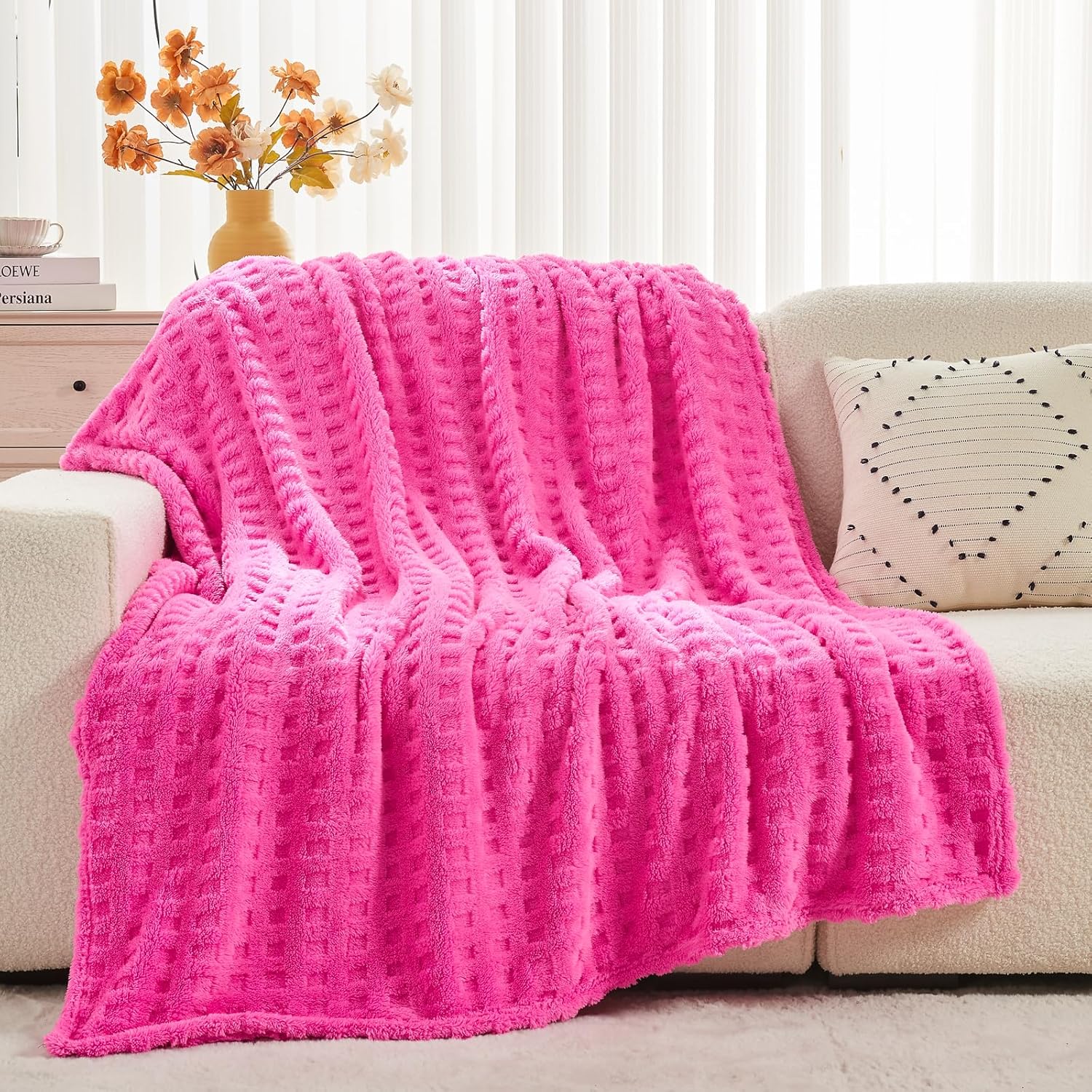 NEWCOSPLAY Super Soft Throw Blanket Pink Premium Silky Flannel Fleece 3D Waffle Checkered Lightweight Bed Blanket All Season Use (Hot Pink, Throw(50"x70")) - Image 4