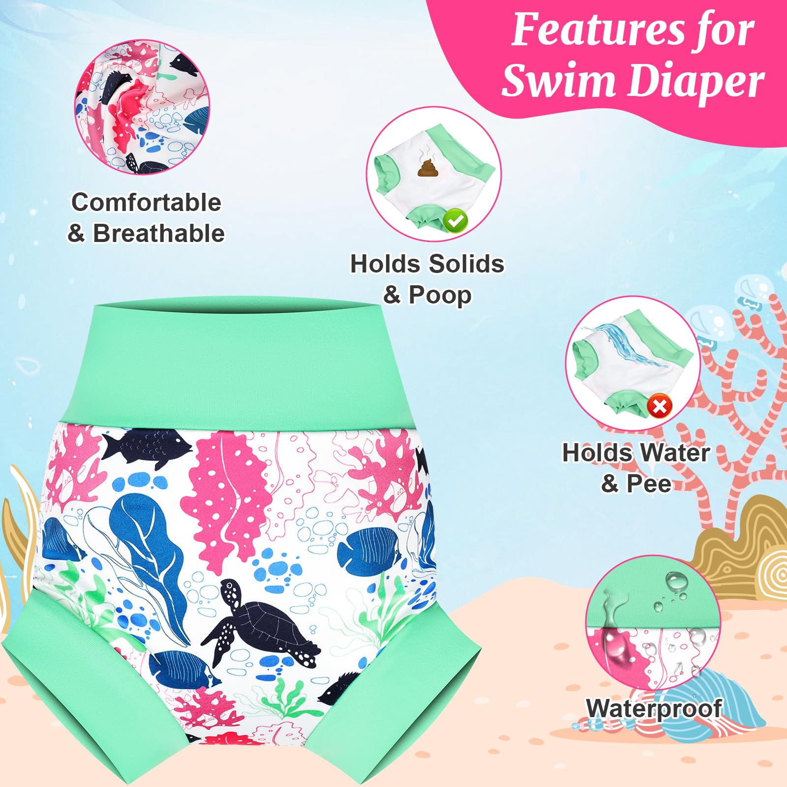 MOEMOE BABY Swim Nappy - Pañales de natación reutilizables, peces, algas marinas y estrella de mar, 5 años