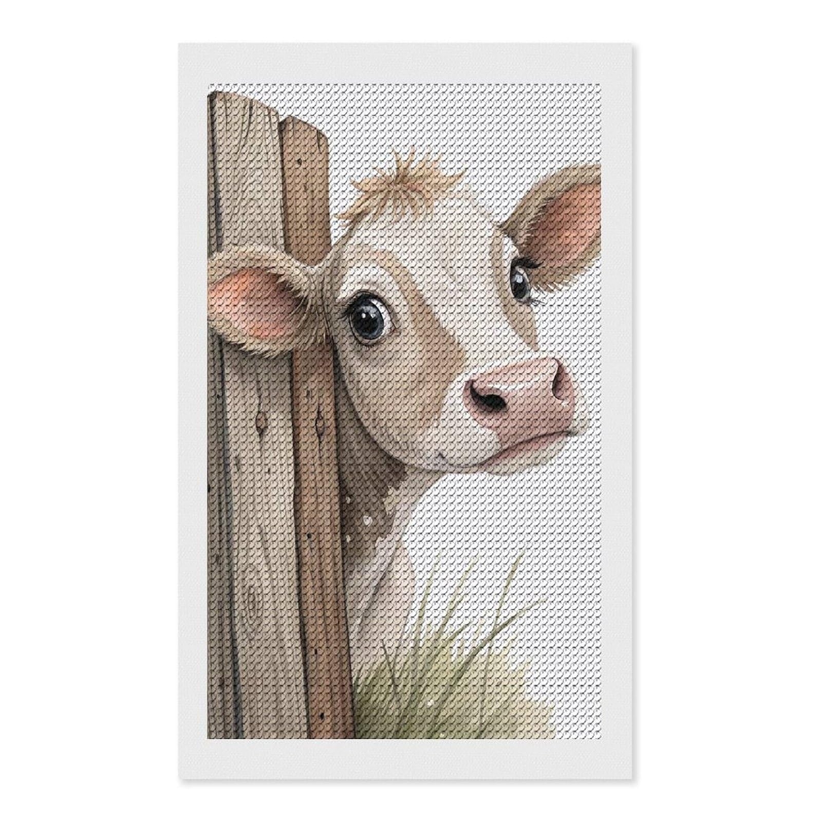 Junmoney Cute Cow Peeking Behind Fence Diamond Art Kit 12"x20", Creative Leisure Activity, Complete Accessories, Vintage Style Decor, for Women