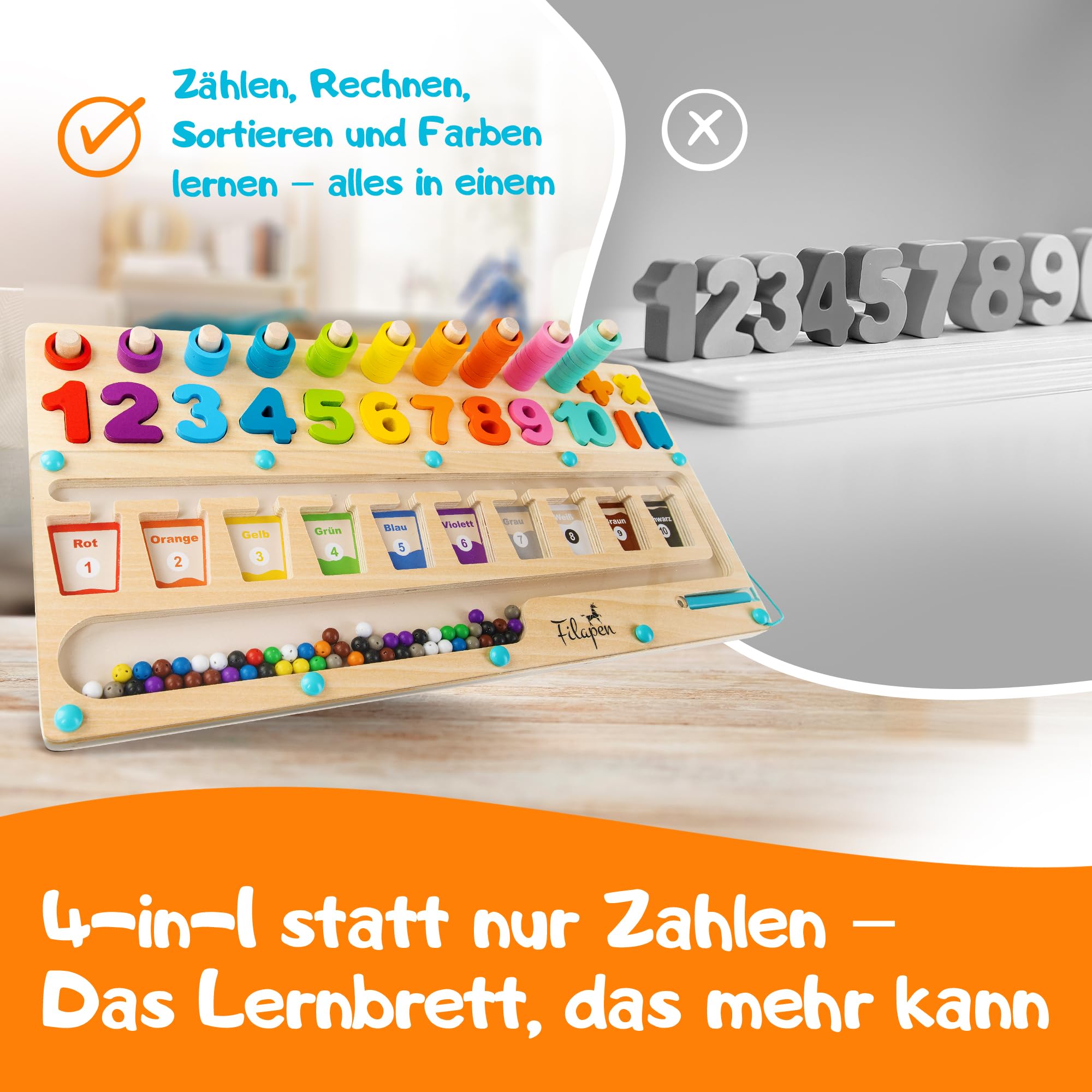 Filapen® Montessori zabawka od 3 lat, edukacyjna zabawka motoryczna, nauka kolorów i liczb, gra magnetyczna z drewna