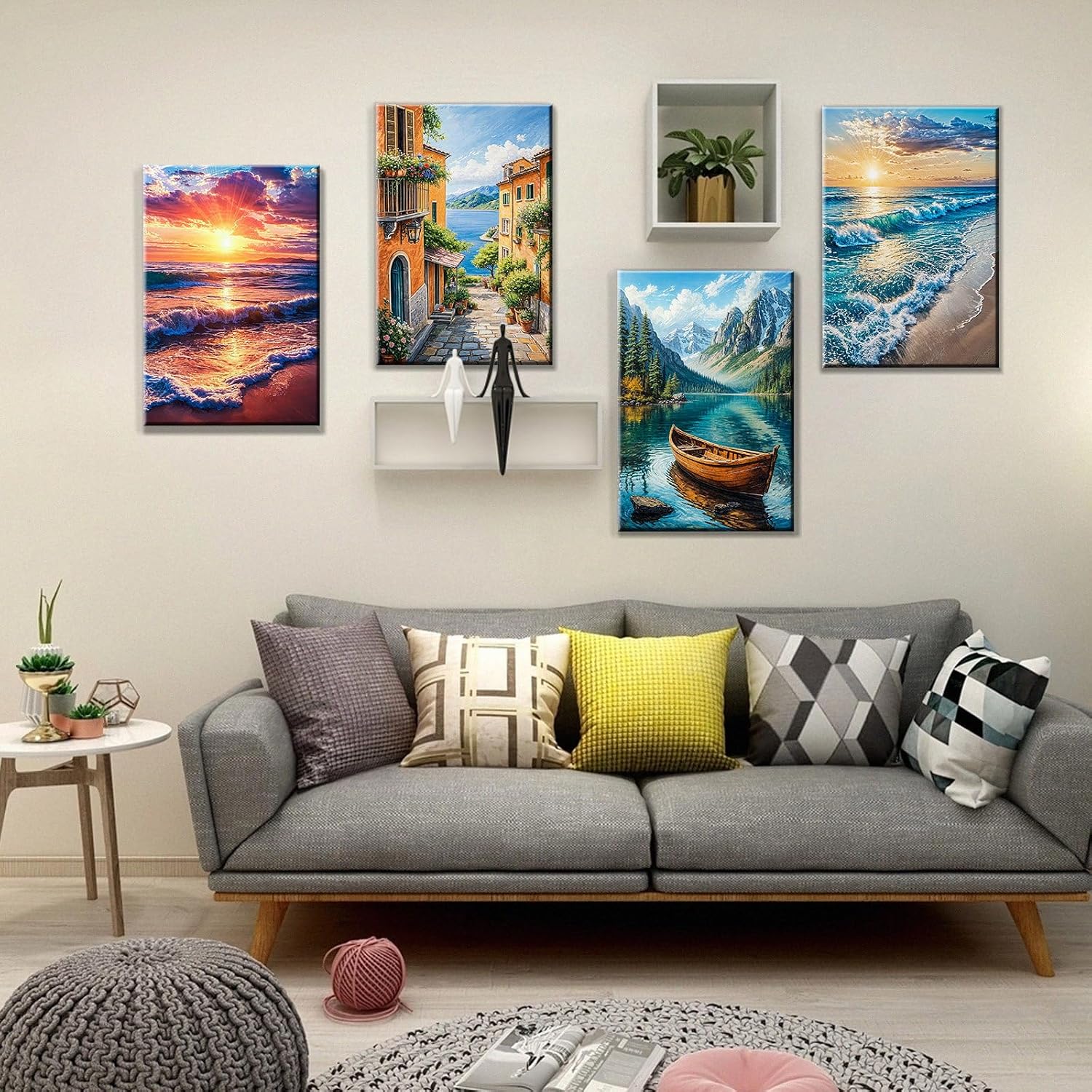 JOOZ 4 Pack Paint by Numbers Kit for Adults with Frame Seaside Sunset Paint by Number with Easel DIY Beach Sea Adult Paint by Number Kit on Canvas Oil Painting Kits for Home Wall Decor 8x12 Inch