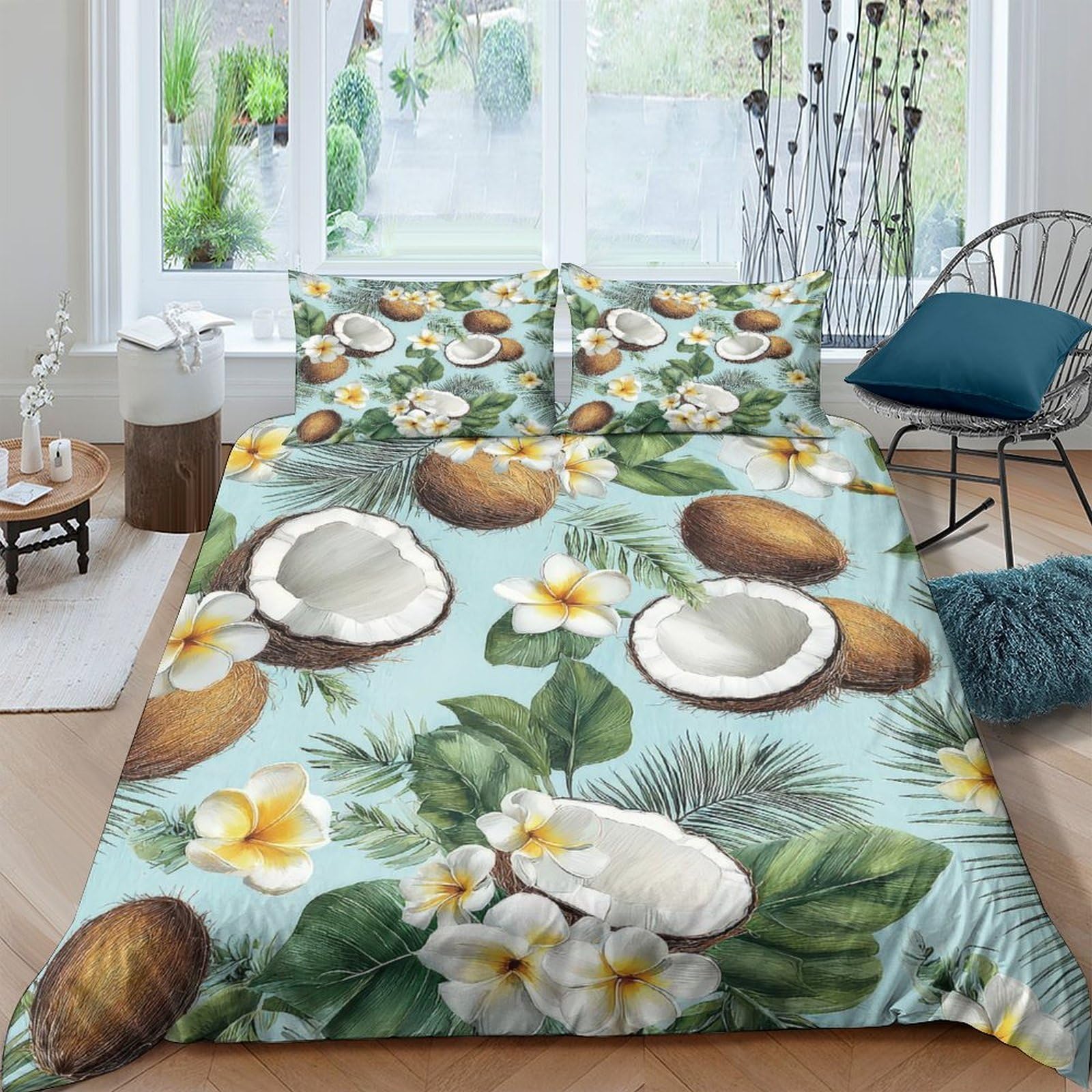 GPLZQXKJNH 3D Printed Tropical Coconut Flower Duvet Cover Set Microfiber Soft Breathable Bedding with 2 Pillowcases for Bedroom Decor Single（135x200cm）