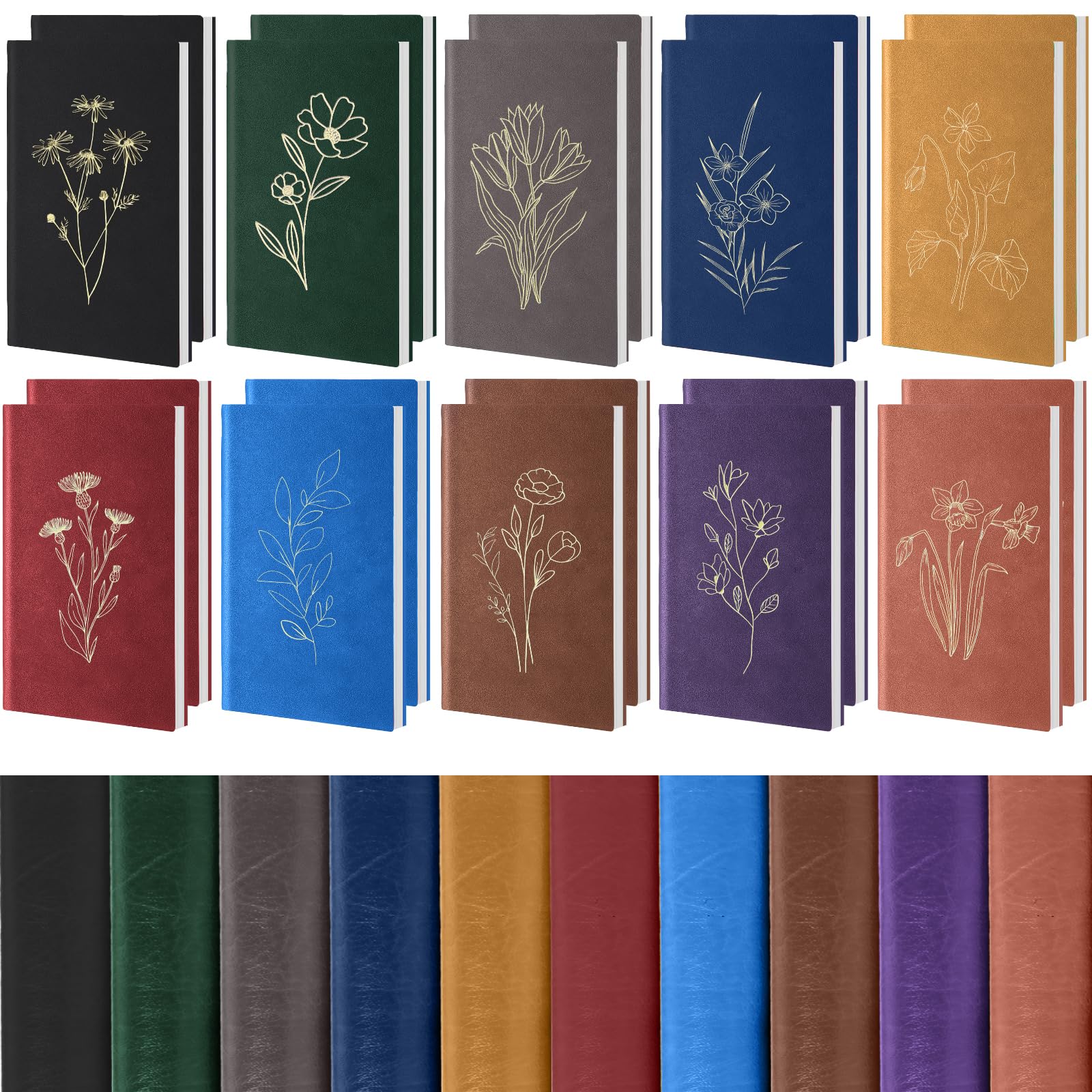 Cholemy Paquete de 10 diarios de escritura floral en espiral a granel lindo cuaderno estético para mujer, tapa dura, cuaderno de cuero A6, cuaderno de rayas universitarias, 200 páginas a rayas para
