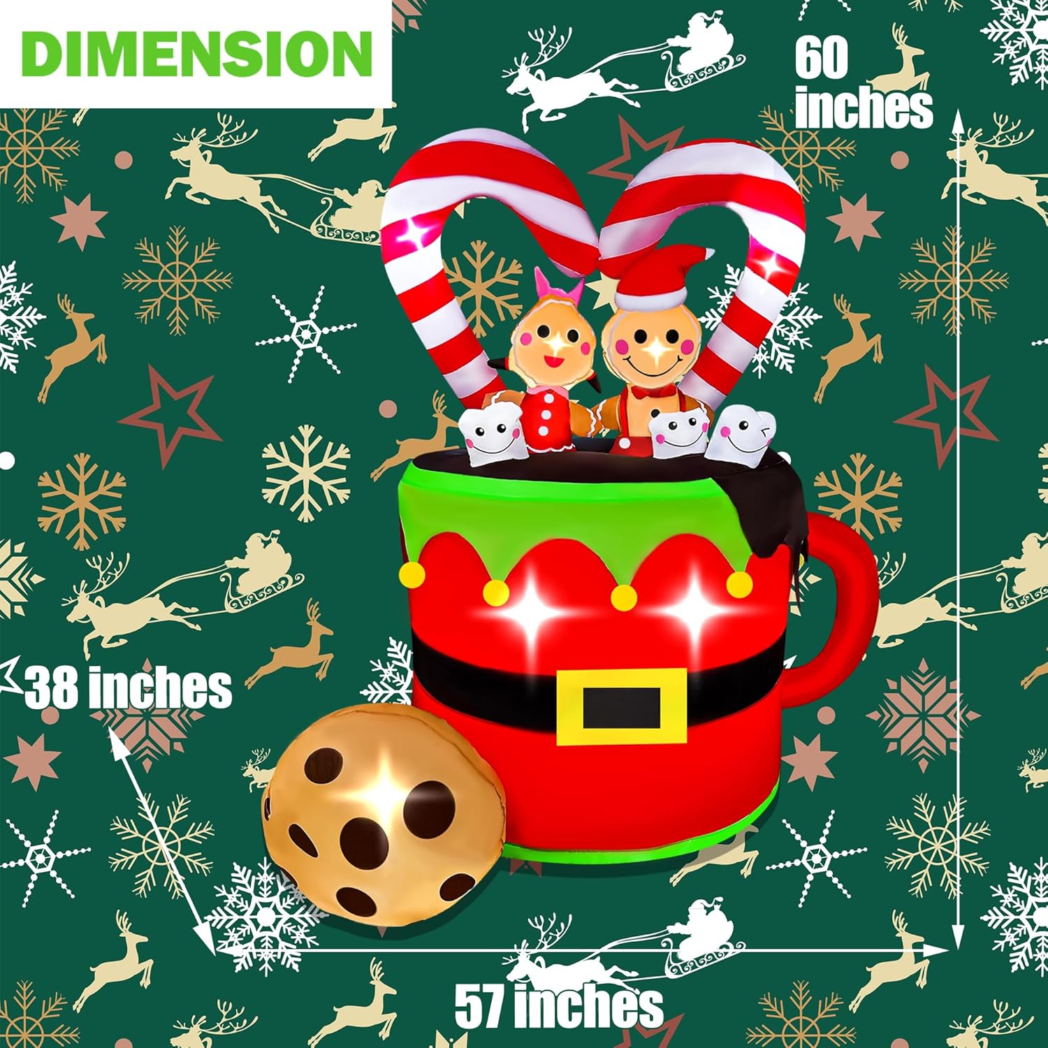 BLOWOUT FUN Christmas Inflatables 5FT Couple Gingerbread in Mug Decoration, LED Lighted Blow Up Art Decorations Weatherproof Holiday for Indoor Outdoor Garden Patio Lawn Party Xmas Gifts Decor - Image 6