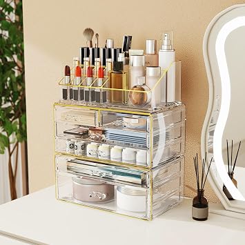 Delamu 3pc 6-Drawer Makeup Organizer Countertop Cosmetic Organizer for Vanity Bathroom Skincare Perfume Lipstick Storage, Casual Pairing No Assembly, Crystal Clear with Luxe Gold Trim