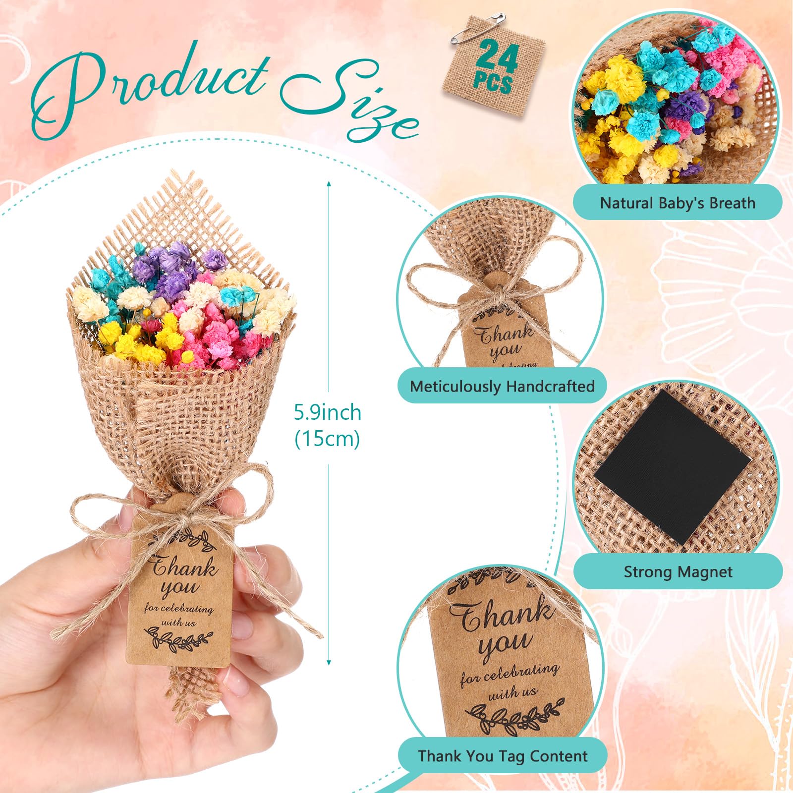 Kingdder Lot de 24 mini bouquets de fleurs séchées magnétiques pour invités - Style rustique - Pour fête prénuptiale - Cadeau de remerciement - Souvenir de mariage - Couleurs mélangées