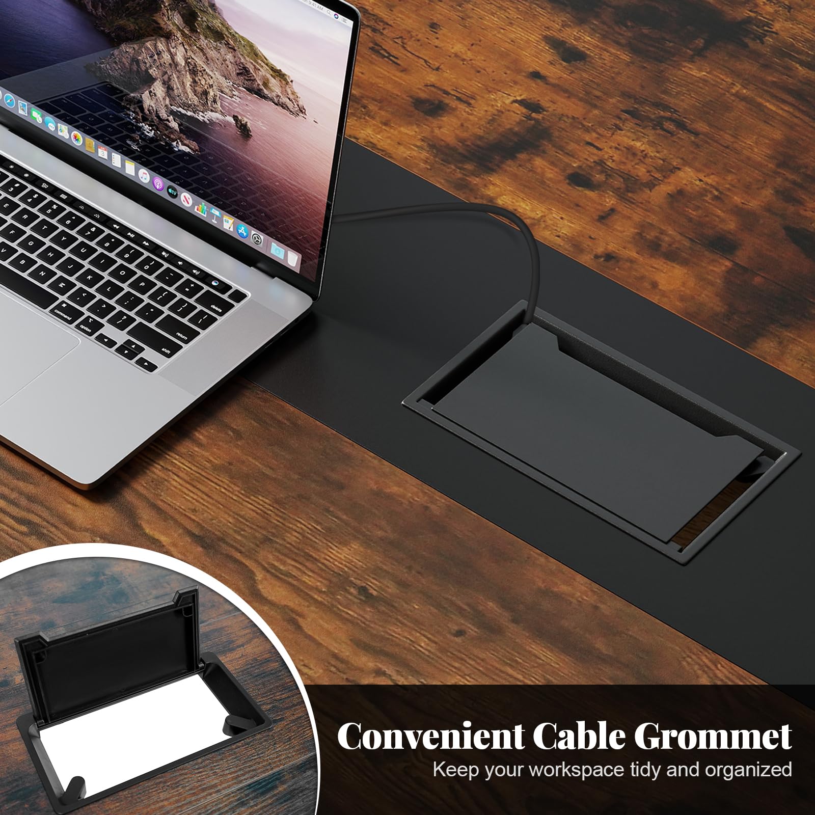 GIANTEX Konferenztisch, 180 x 90 cm Bürotisch mit Kabelloch, Metallbeinen, extra Langer Computertisch für Sitzungszimmer, Besprechungsraum, rustikales Braun, für 8-10 Personen